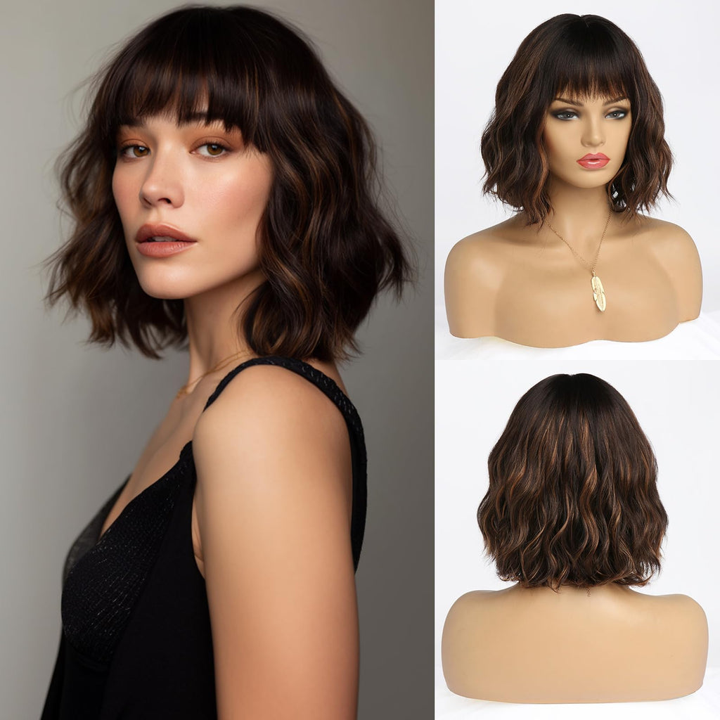 Short Auburn Wigs for Women Dark Ginger Wig with Bangs Wigs Natural Looking Curly Hair Medium Length Synthetic Bob Wig Wavy Colorful Wigs（14 Inches）