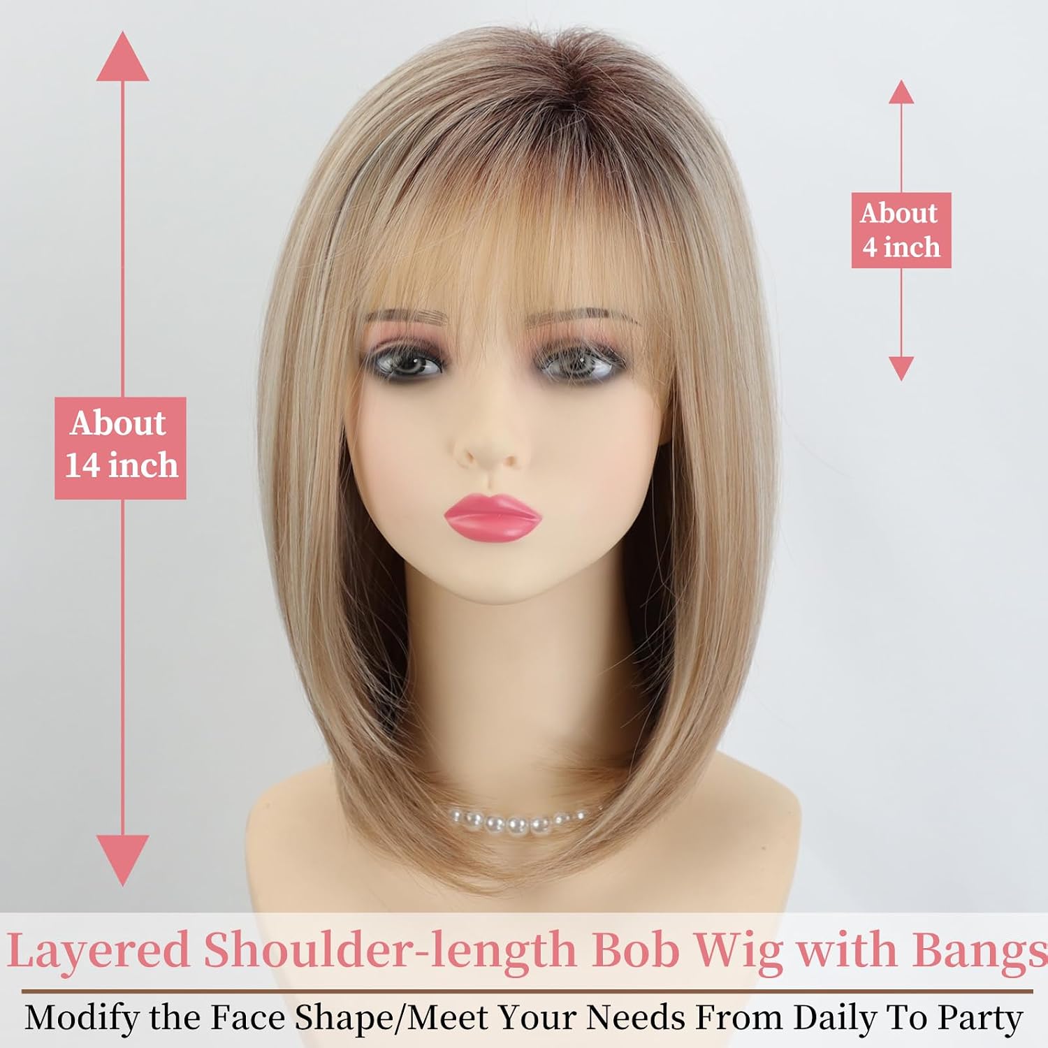 RENERSHOW Ombre Blonde Highlight Layered Bob Wig with Bangs for White Women