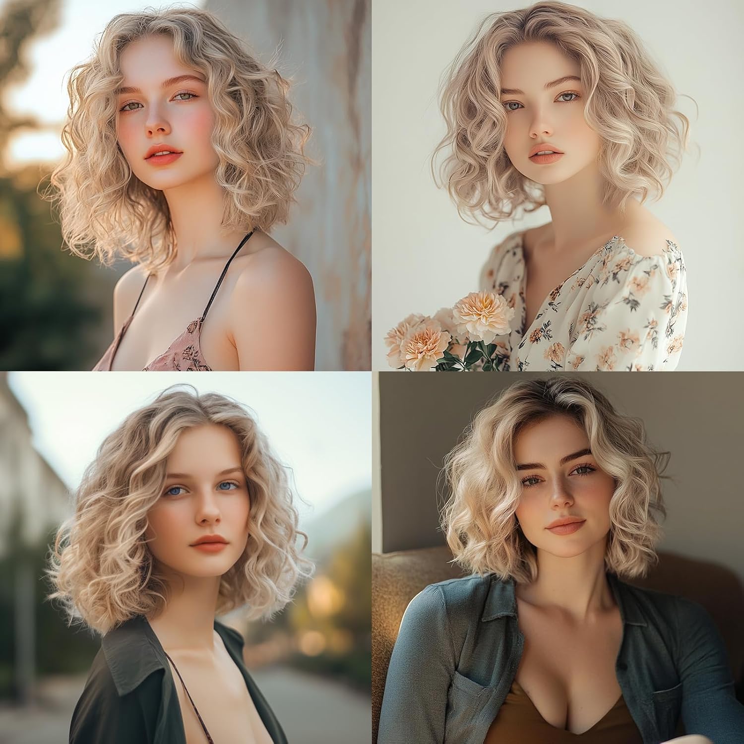 Aida ble Short Ombre Ash Blonde Wavy Wigs for Women 14 Inch Shoulder Length Curly Wavy Bob Wig Synthetic Natural Hair Wig for Daily Party Use (Ash Blonde, 14 inch)