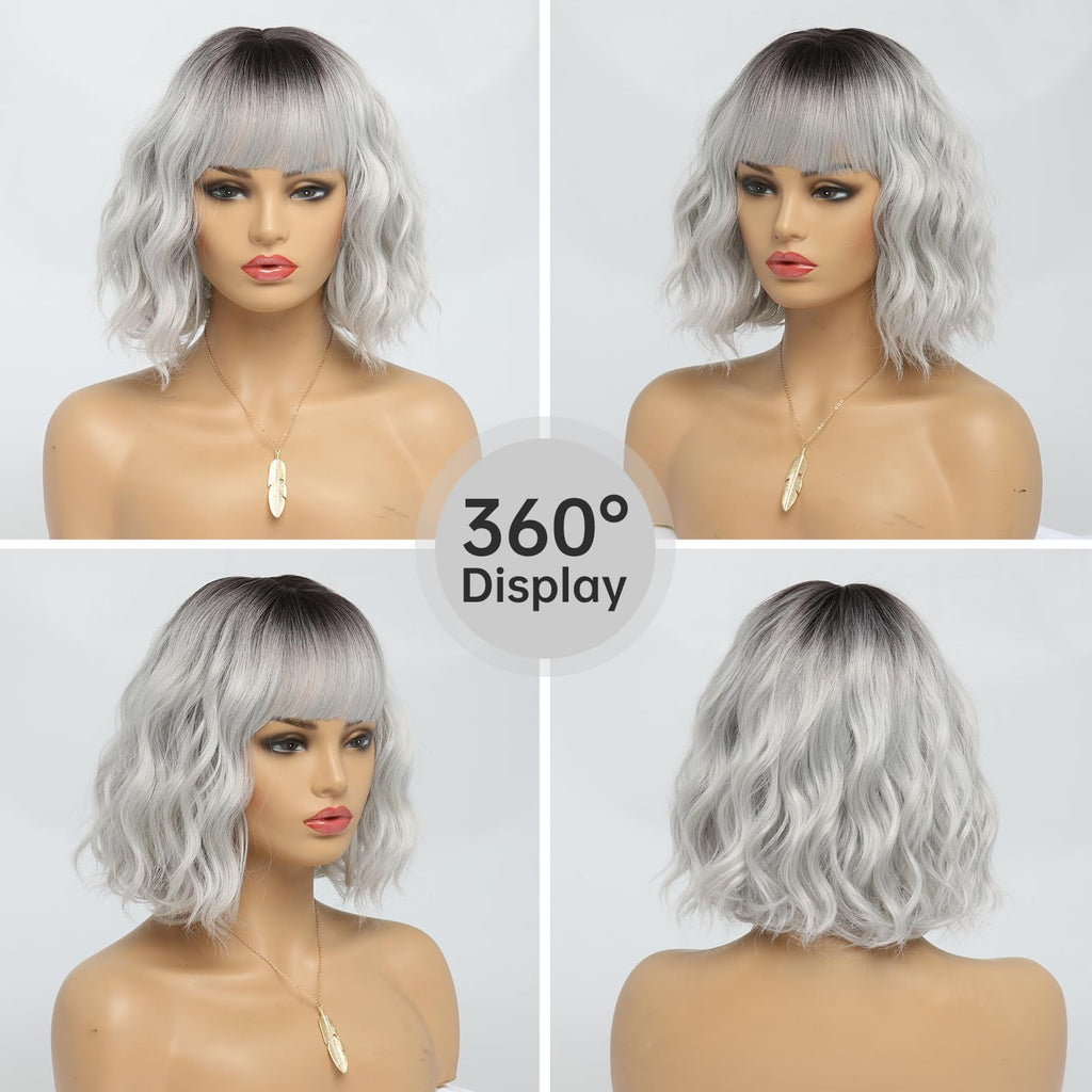 Short Auburn Wigs for Women Dark Ginger Wig with Bangs Wigs Natural Looking Curly Hair Medium Length Synthetic Bob Wig Wavy Colorful Wigs（14 Inches）