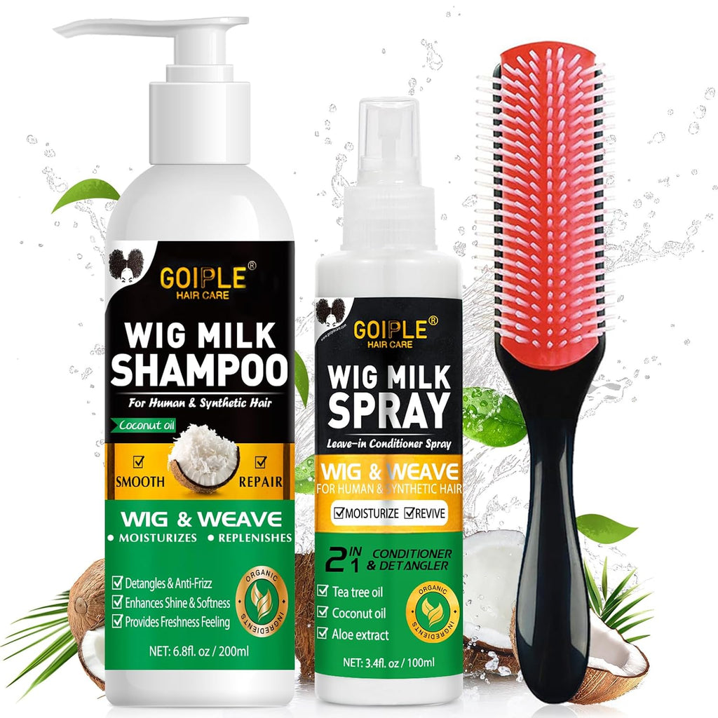 Goiple Wig Shampoo & Wig Milk Spray for Synthetic Hair Human Wigs, Detangle and Anti-Frizz, Hydrates & Moisturizes Synthetic Wig Shampoo, Conditioner＆Detangler 2 in 1 Moisturize Spray Detangler Brush