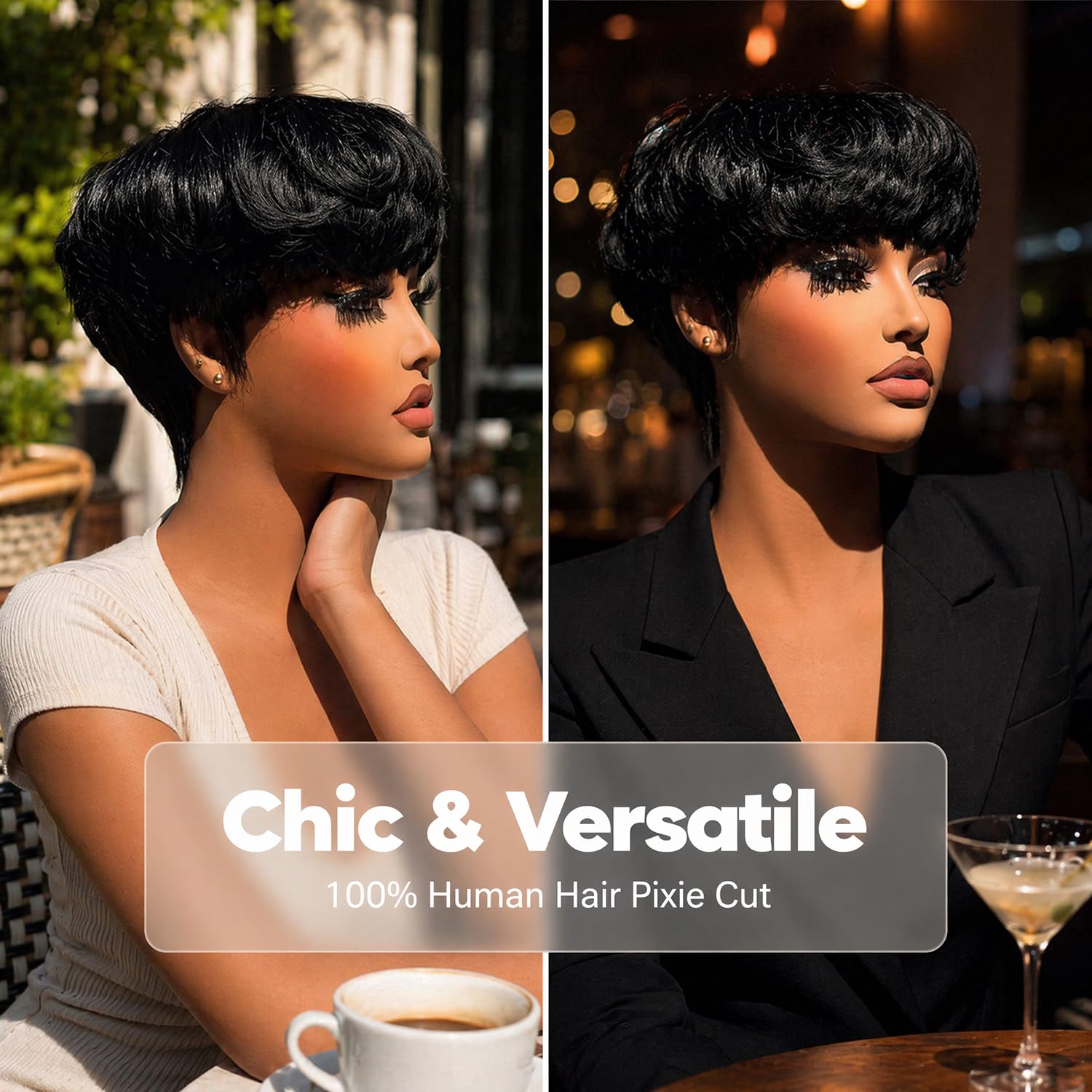 VRZ Pixie Cut Wigs for Black Women Brazilian Curly Pixie Cut Wig Human Hair Glueless Short Layered Wigs With Bangs Natural Black Color No Glue Human Hair Wig for Daily Use