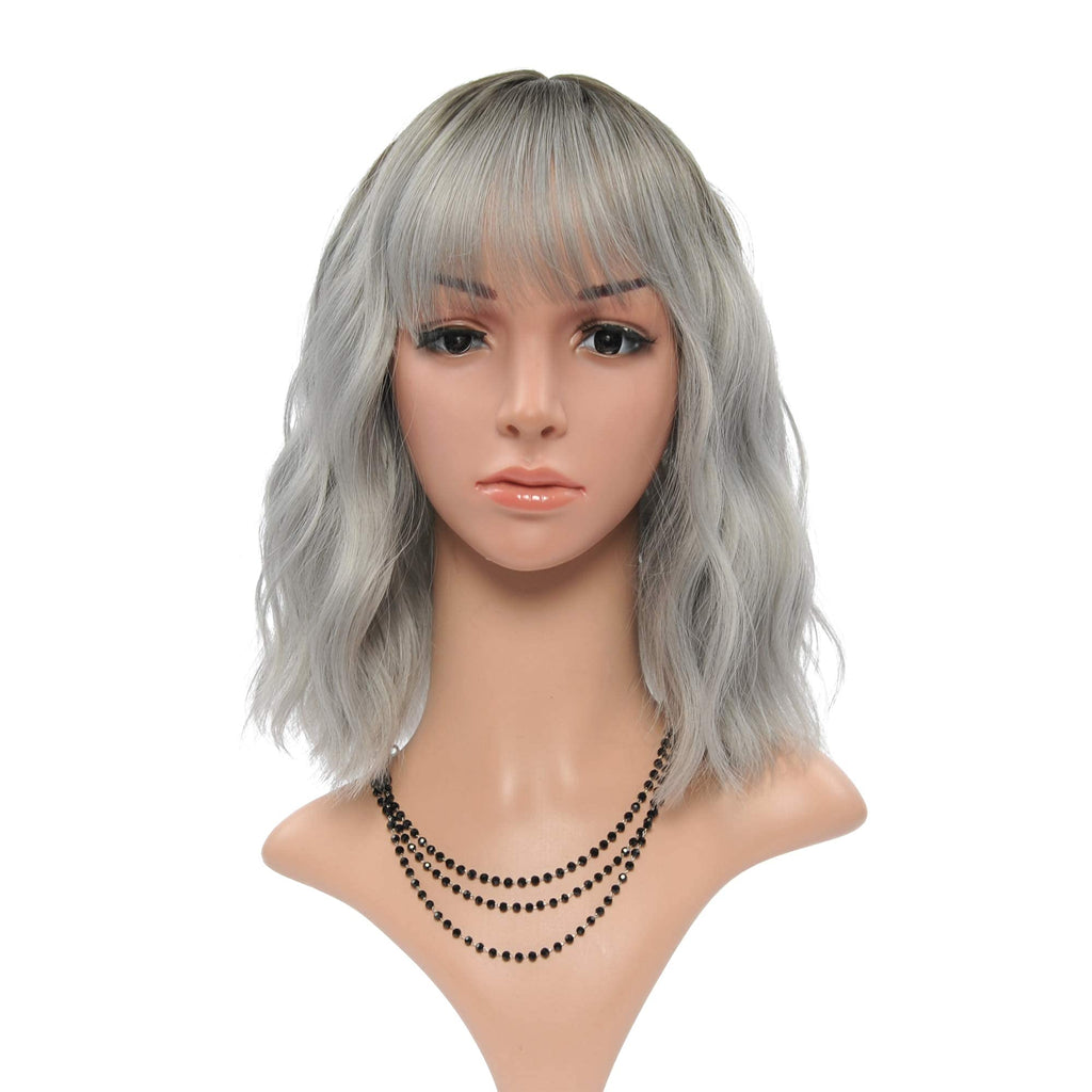 FAELBATY Blonde Wave Short Bob Wigs With Air Bangs Shoulder Length Wig For Women and Girls Curly Wavy Synthetic Cosplay Costume Wig (12" Mix blonde and gold)