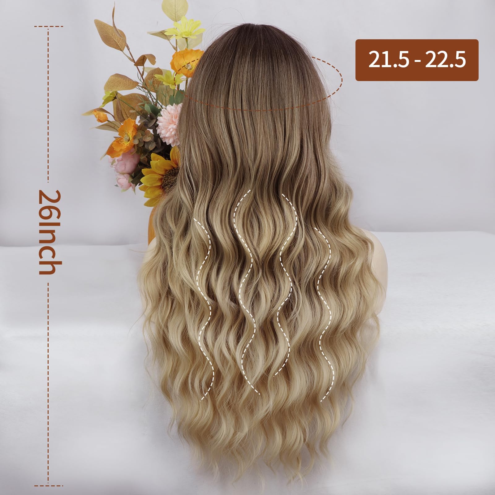 Lativ Ombre Blonde Brown Wig with Bangs Long Wavy Curly Wig with Brown End