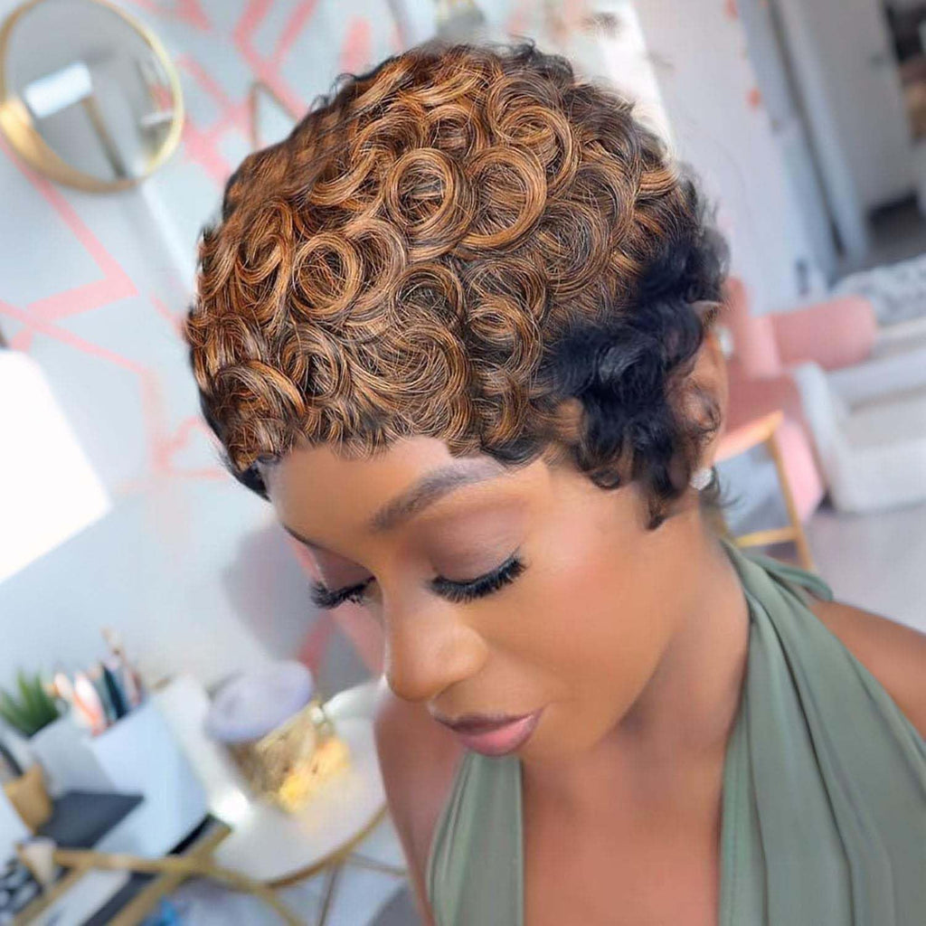 VRZ Pixie Cut Wigs for Black Women Brazilian Curly Pixie Cut Wig Human Hair Glueless Short Layered Wigs With Bangs Natural Black Color No Glue Human Hair Wig for Daily Use