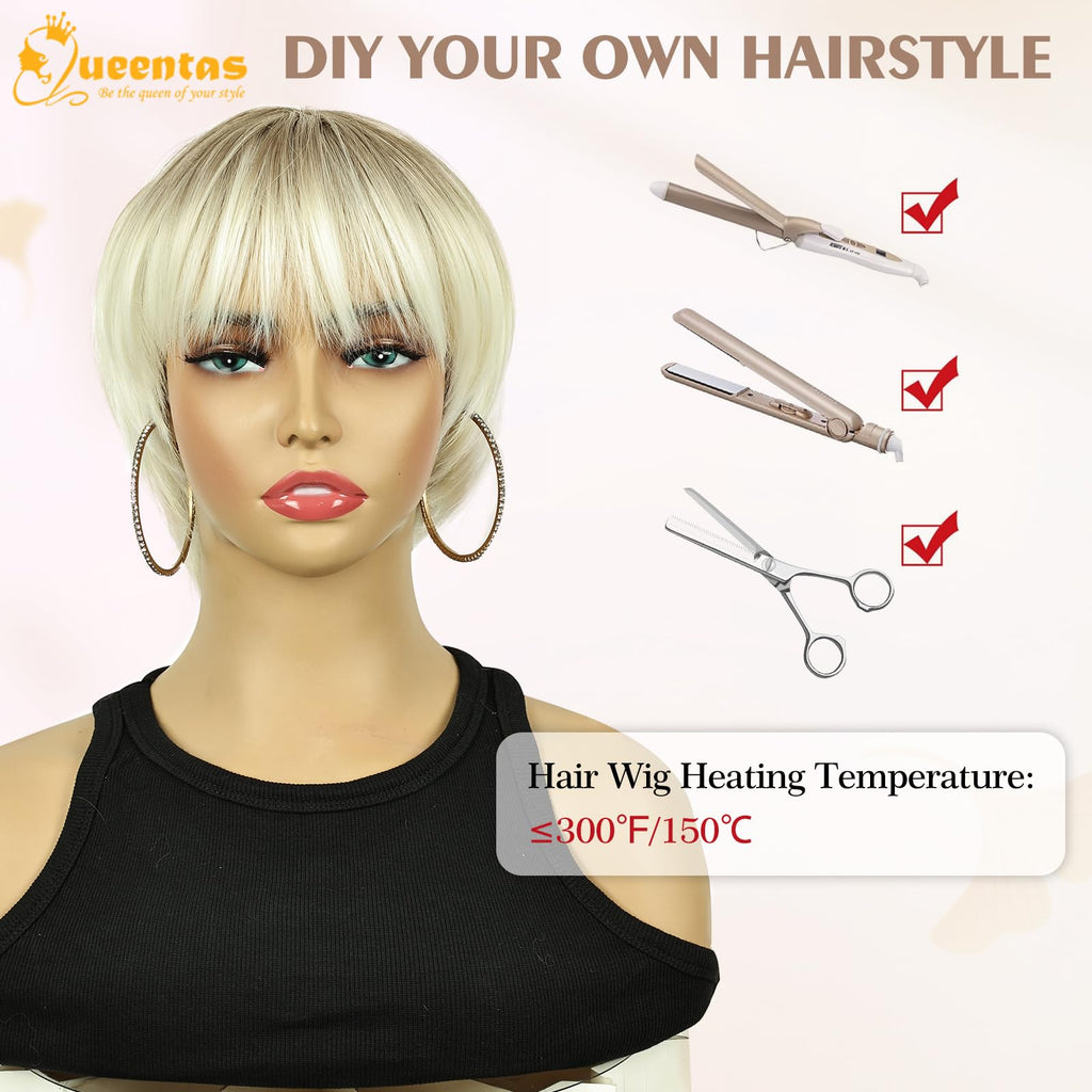 8" Layered Pixie Cut Synthetic Wig for Women Blonde Mixed Brown with Roots