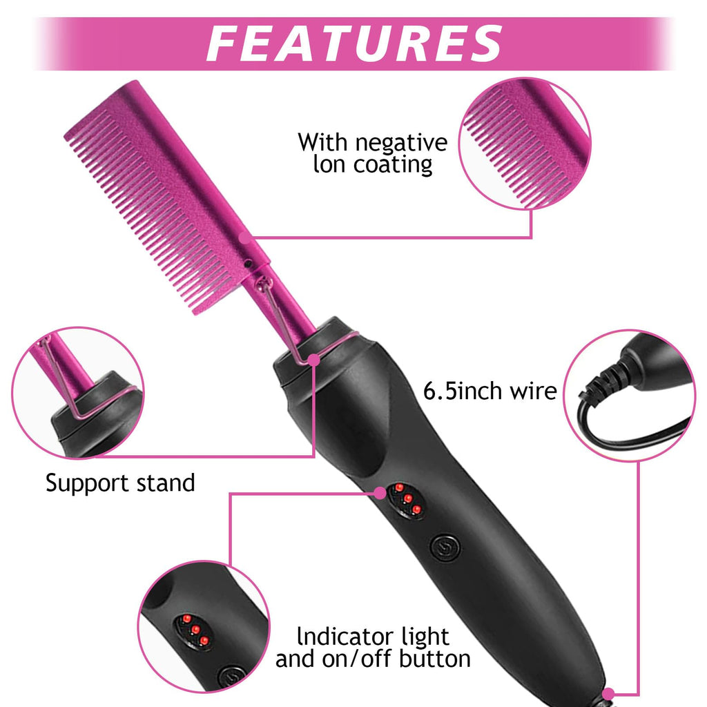 Electric Hot Comb Hair Straightener, Deluxe Electrical Straightening Comb Curling Iron for Natural Black Wigs, Hot Comb Electric for Wigs Pressing Combs with Wig Glue Melting Spray Hair Wax Stick
