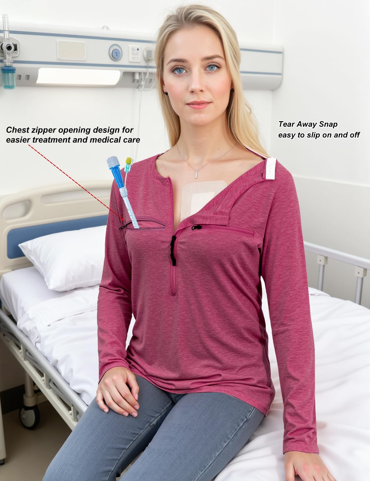 Chemo Port Shirts for Women Long Sleeve Post-Surgery Recovery with 2 Side Snaps Shoulder Surgery & Dialysis Recovery Shirts