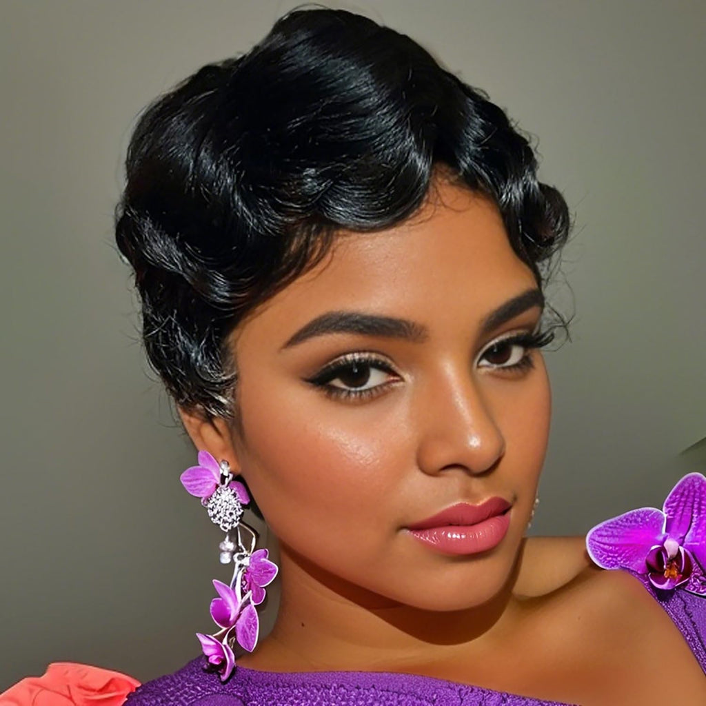 VRZ Pixie Cut Wigs for Black Women Brazilian Curly Pixie Cut Wig Human Hair Glueless Short Layered Wigs With Bangs Natural Black Color No Glue Human Hair Wig for Daily Use
