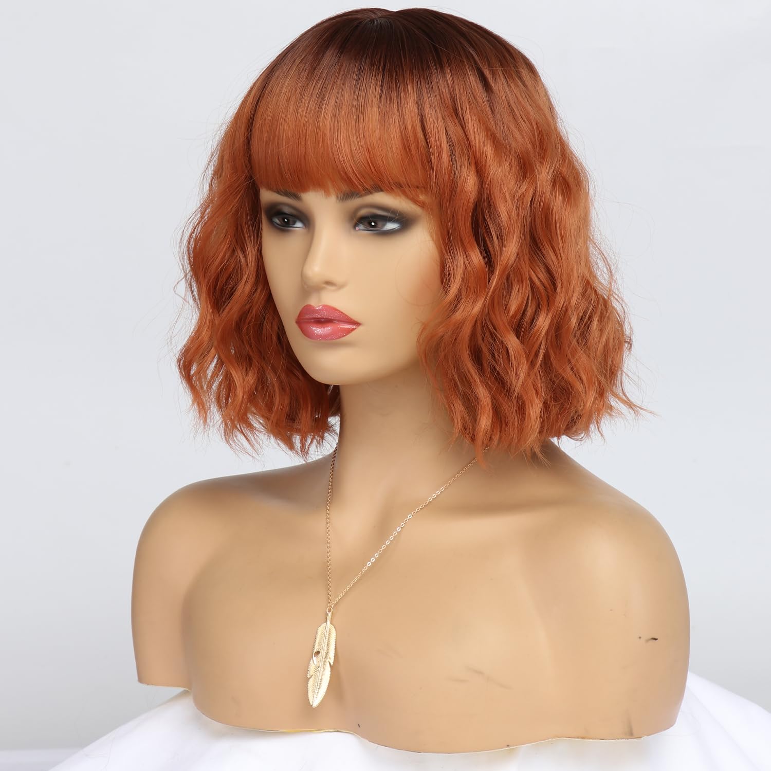 Short Auburn Wigs for Women Dark Ginger Wig with Bangs Wigs Natural Looking Curly Hair Medium Length Synthetic Bob Wig Wavy Colorful Wigs（14 Inches）