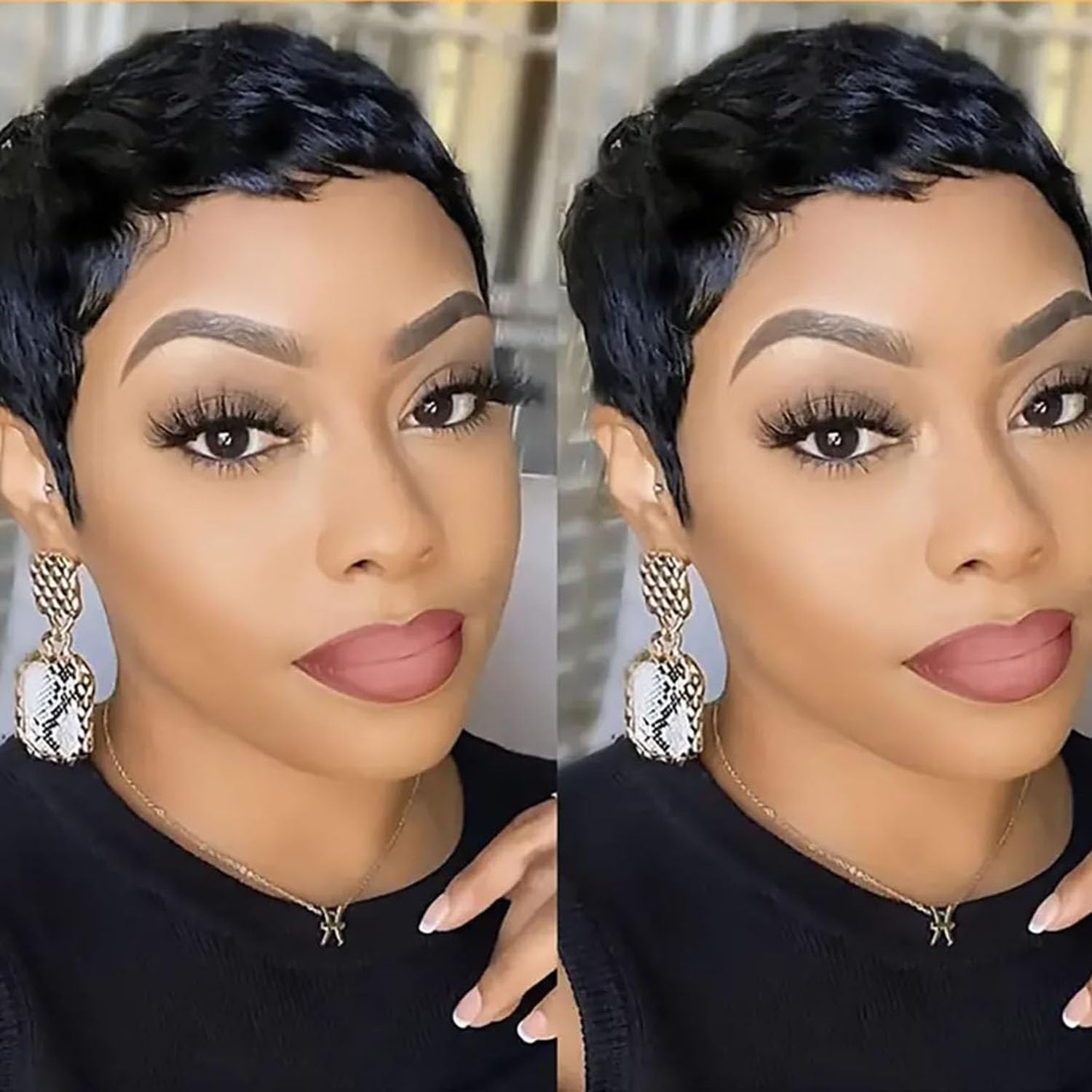 VRZ Pixie Cut Wigs for Black Women Brazilian Curly Pixie Cut Wig Human Hair Glueless Short Layered Wigs With Bangs Natural Black Color No Glue Human Hair Wig for Daily Use