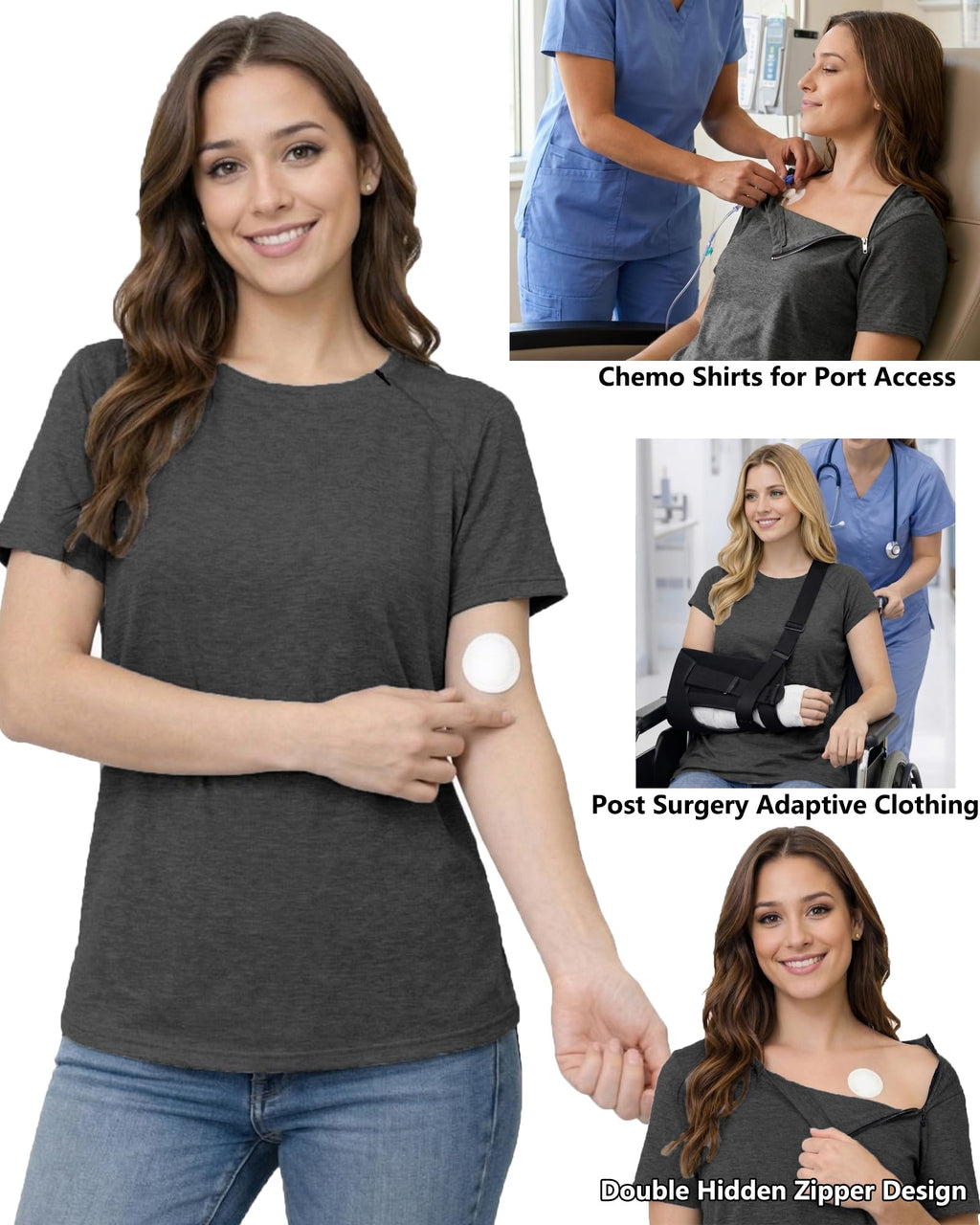 Youdiao Chemo Shirts for Port Access Women Post Shoulder Surgery Shirts with 2 Hidden Side Zippers Short Sleeve Tear Away Top