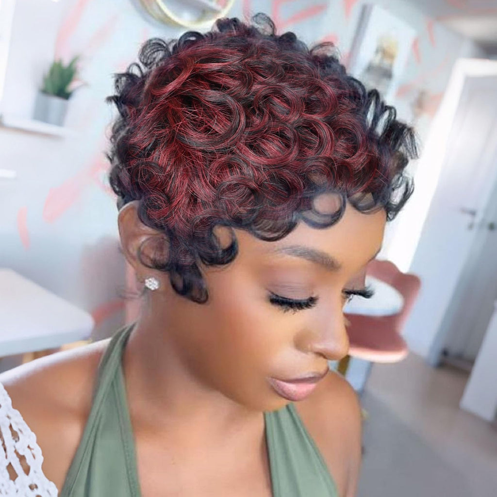 VRZ Pixie Cut Wigs for Black Women Brazilian Curly Pixie Cut Wig Human Hair Glueless Short Layered Wigs With Bangs Natural Black Color No Glue Human Hair Wig for Daily Use