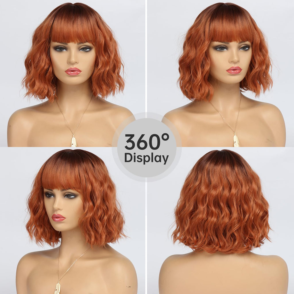 Short Auburn Wigs for Women Dark Ginger Wig with Bangs Wigs Natural Looking Curly Hair Medium Length Synthetic Bob Wig Wavy Colorful Wigs（14 Inches）