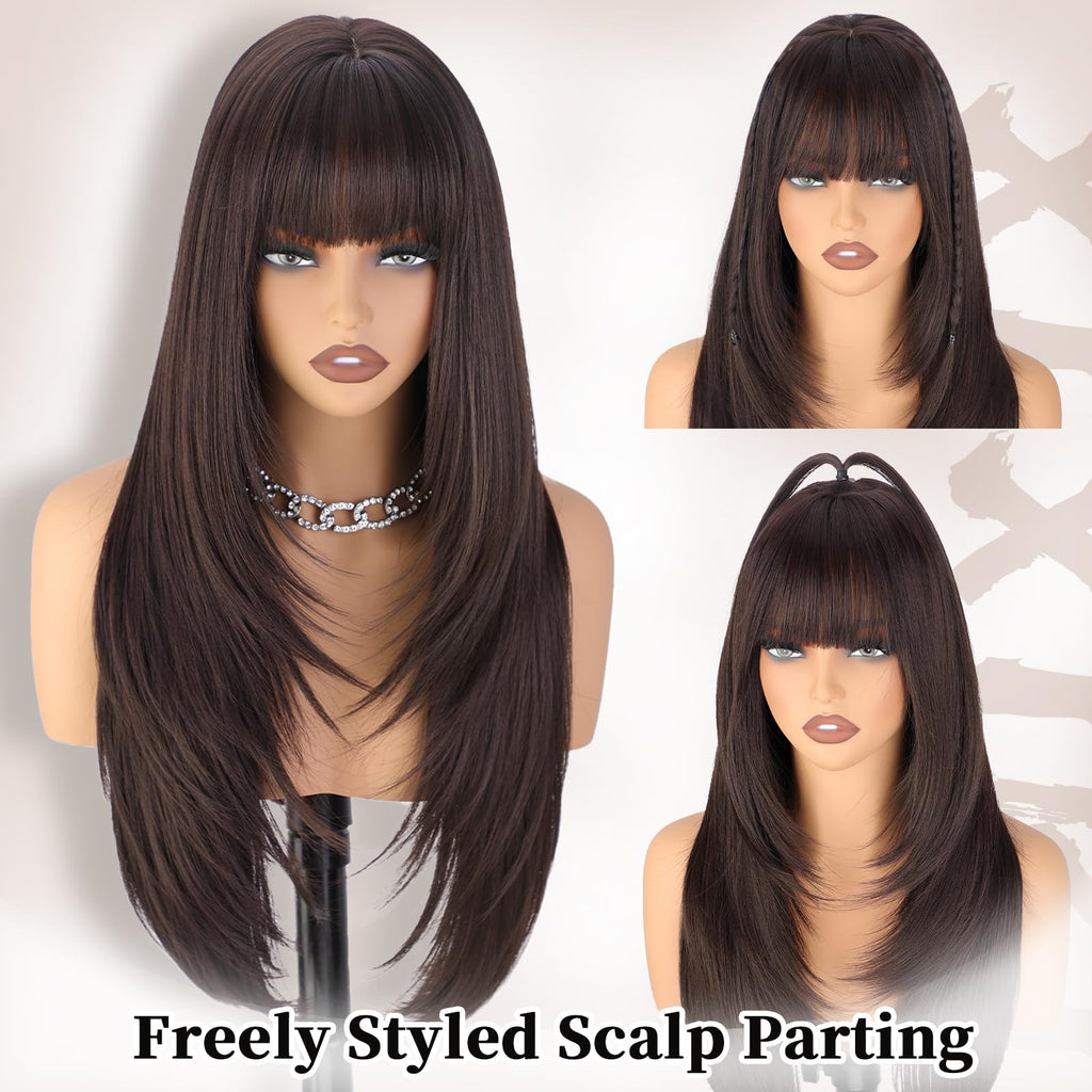 XIXIBI Wig with Bangs for Women,Long Straight,Brown Blonde Highlight