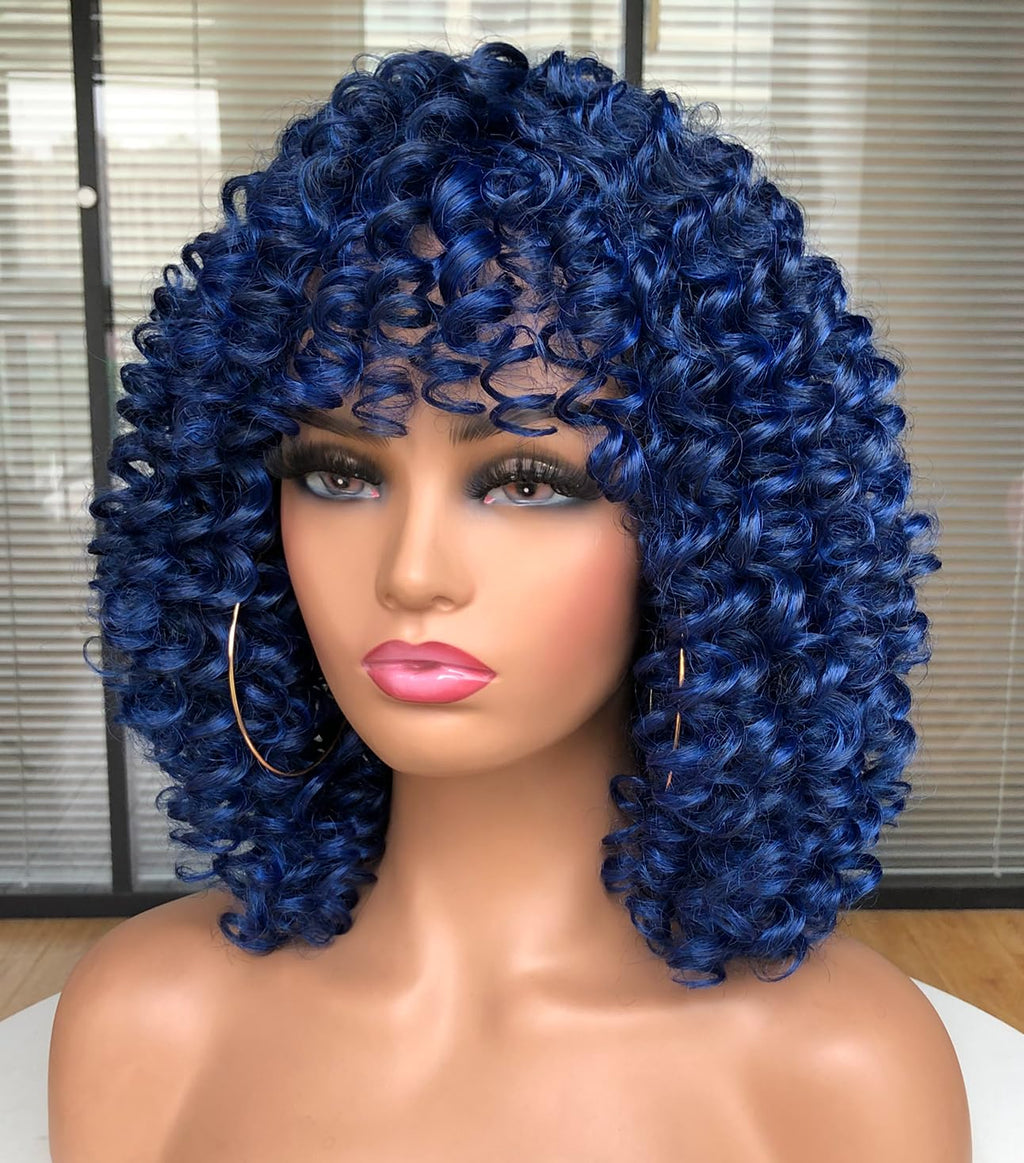 Curly Afro Wigs for Black Women Kinky Curly Wig with Bangs Synthetic Fiber Natural Looking Glueless Hair for Daily Wear