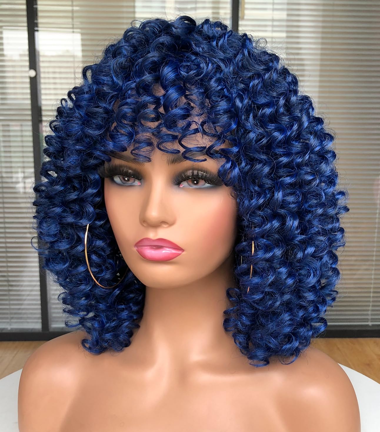 Curly Afro Wigs for Black Women Kinky Curly Wig with Bangs Synthetic Fiber Natural Looking Glueless Hair for Daily Wear