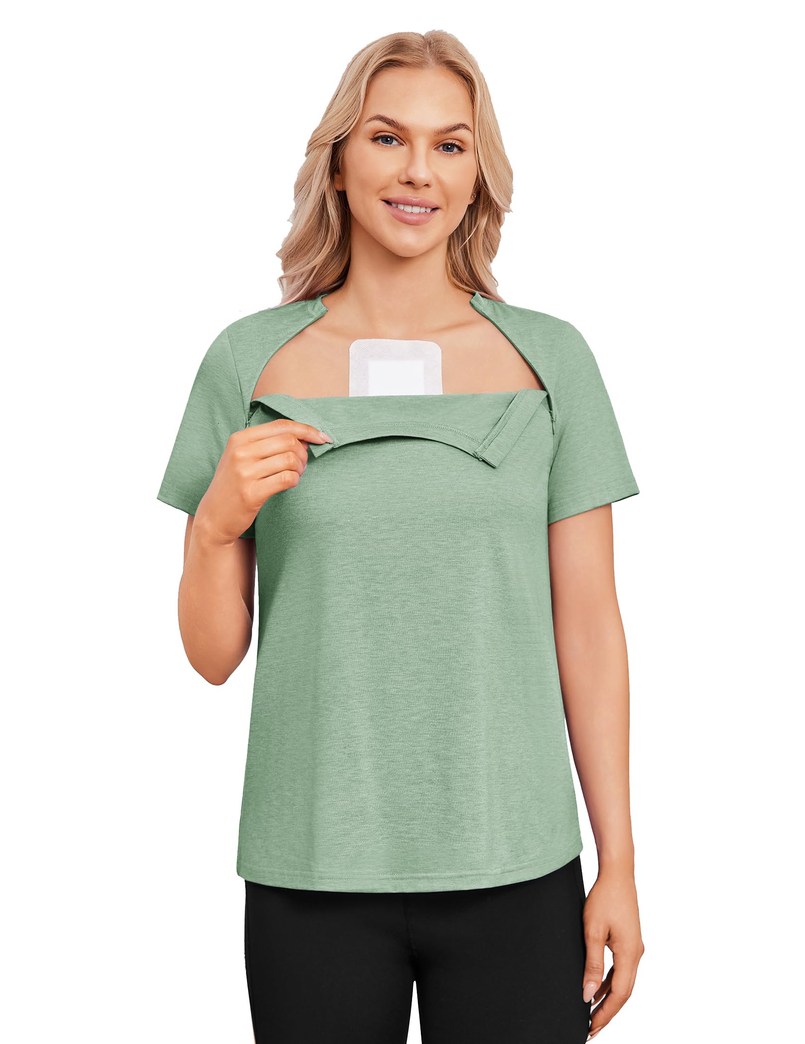 Deyeek Chemo Shirts for Port Access Women with 2 Hidden Side Zippers Post Surgery Short Sleeve Tear Away Adaptive Top Tees