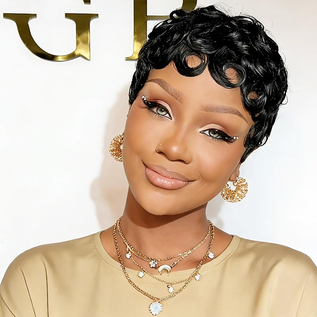 VRZ Pixie Cut Wigs for Black Women Brazilian Curly Pixie Cut Wig Human Hair Glueless Short Layered Wigs With Bangs Natural Black Color No Glue Human Hair Wig for Daily Use