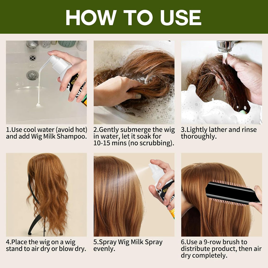 Wig Head Stand with Wig Brush Comb Set Travel Wigs Holder Comb Set for Women Human and Synthetic Hair | 2in 1 Wig Milk Spray & Shampoo Hydrates & Moisturizes, Promotes Silkiness & Shine Easy Combing