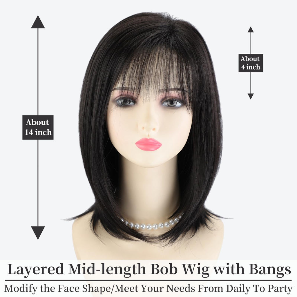 RENERSHOW Ombre Blonde Highlight Layered Bob Wig with Bangs for White Women