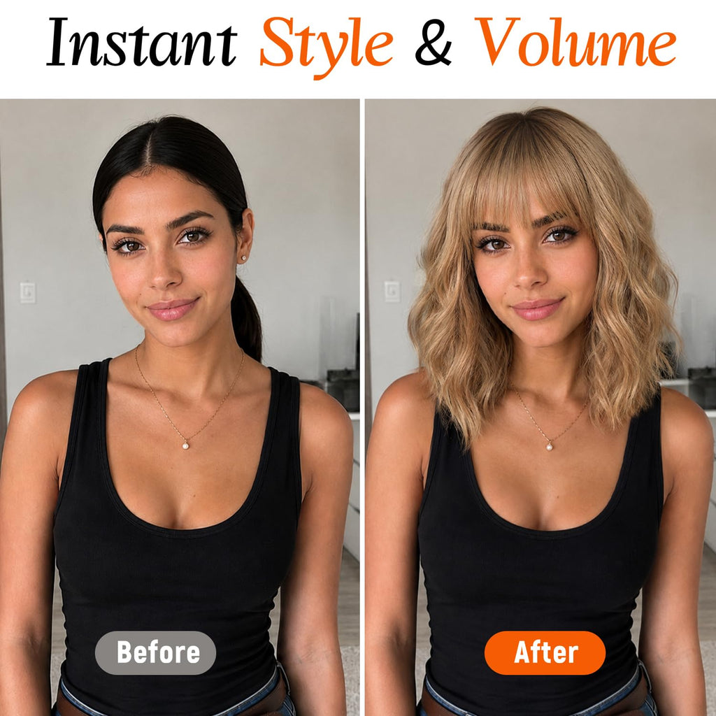 Nnzes Wig with Bangs for Women Shoulder Length Bob Wavy Women's Charming Synthetic Brown mixed Blonde Highlight Wigs with Natural Curly Heat Resistant Hair for Daily Party Use