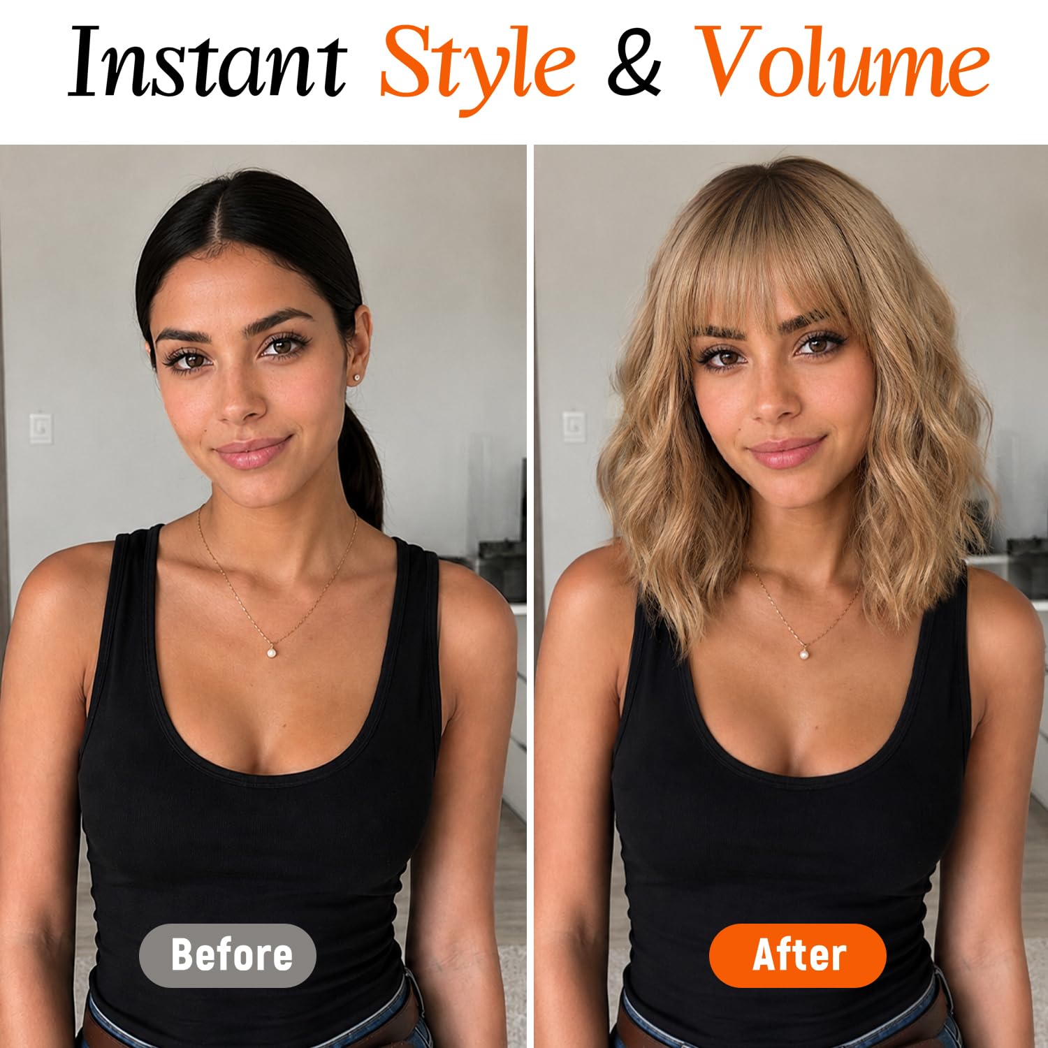 Nnzes Wig with Bangs for Women Shoulder Length Bob Wavy Women's Charming Synthetic Brown mixed Blonde Highlight Wigs with Natural Curly Heat Resistant Hair for Daily Party Use