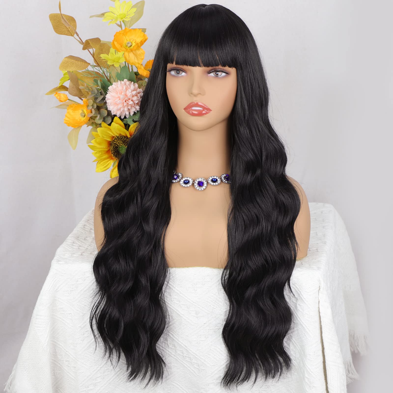 Lativ Ombre Blonde Brown Wig with Bangs Long Wavy Curly Wig with Brown End