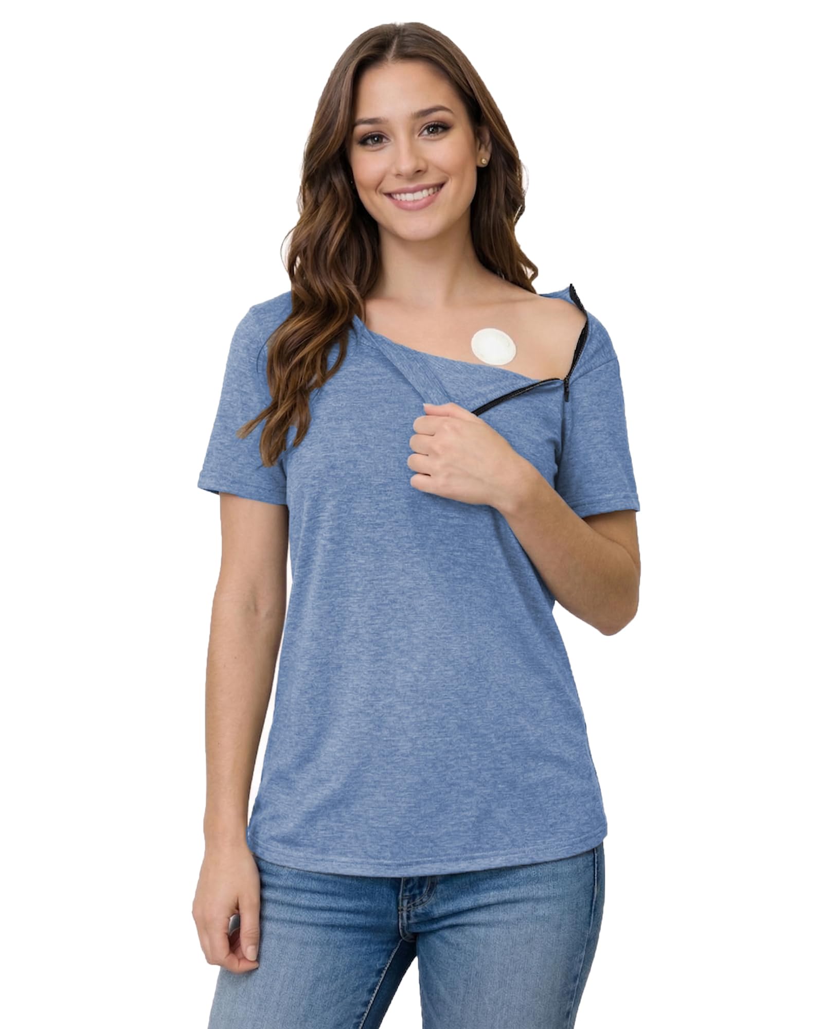 Youdiao Chemo Shirts for Port Access Women Post Shoulder Surgery Shirts with 2 Hidden Side Zippers Short Sleeve Tear Away Top