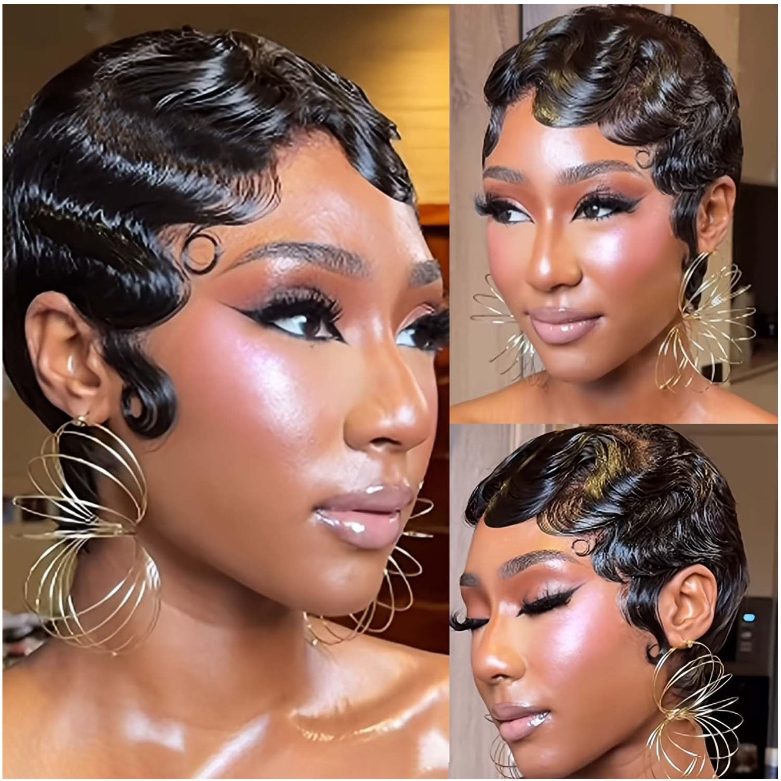 VRZ Pixie Cut Wigs for Black Women Brazilian Curly Pixie Cut Wig Human Hair Glueless Short Layered Wigs With Bangs Natural Black Color No Glue Human Hair Wig for Daily Use