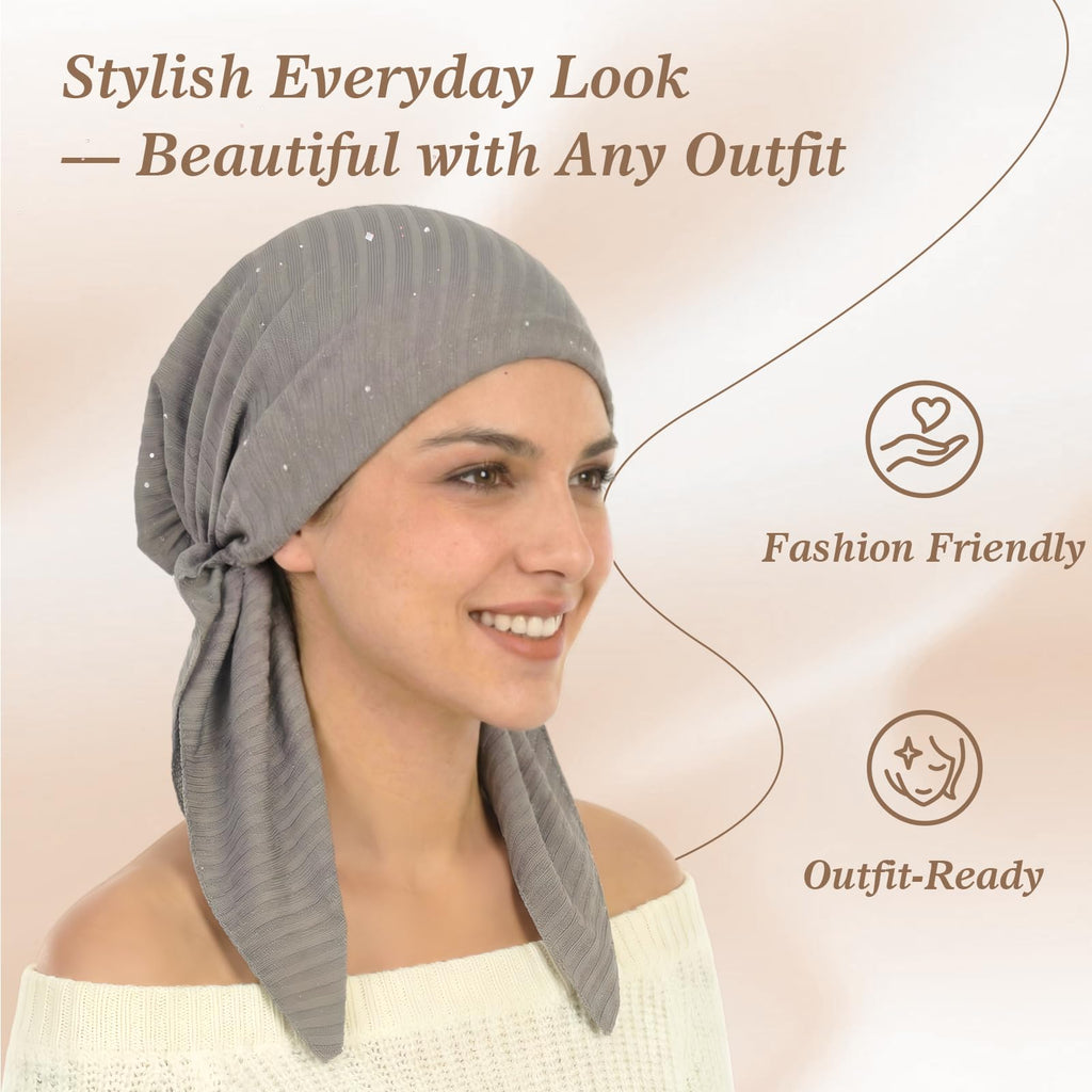 Pretied Head Scarves for Women – Fashionable Glitter Turban Head Wraps, Stylish Chemo Headwear, Elegant Hair Coverings
