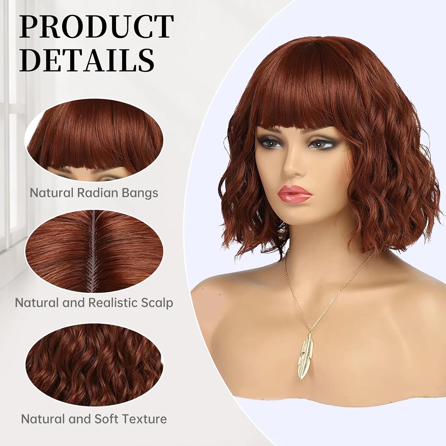 Short Auburn Wigs for Women Dark Ginger Wig with Bangs Wigs Natural Looking Curly Hair Medium Length Synthetic Bob Wig Wavy Colorful Wigs（14 Inches）