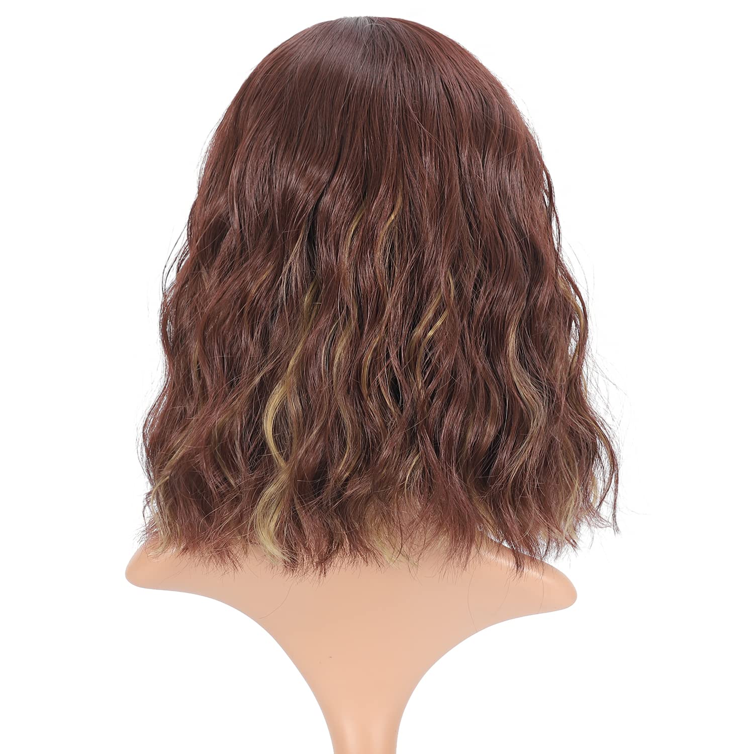 FAELBATY Blonde Wave Short Bob Wigs With Air Bangs Shoulder Length Wig For Women and Girls Curly Wavy Synthetic Cosplay Costume Wig (12" Mix blonde and gold)