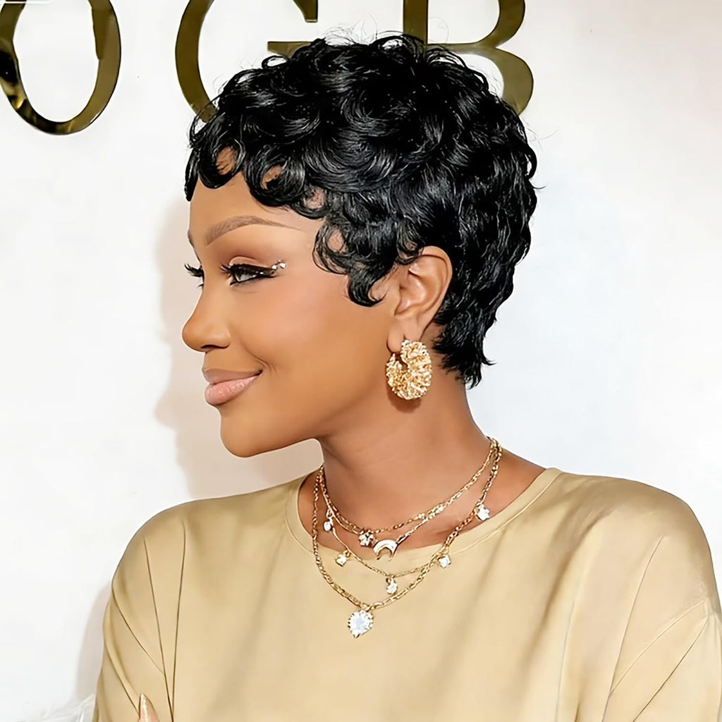 VRZ Pixie Cut Wigs for Black Women Brazilian Curly Pixie Cut Wig Human Hair Glueless Short Layered Wigs With Bangs Natural Black Color No Glue Human Hair Wig for Daily Use
