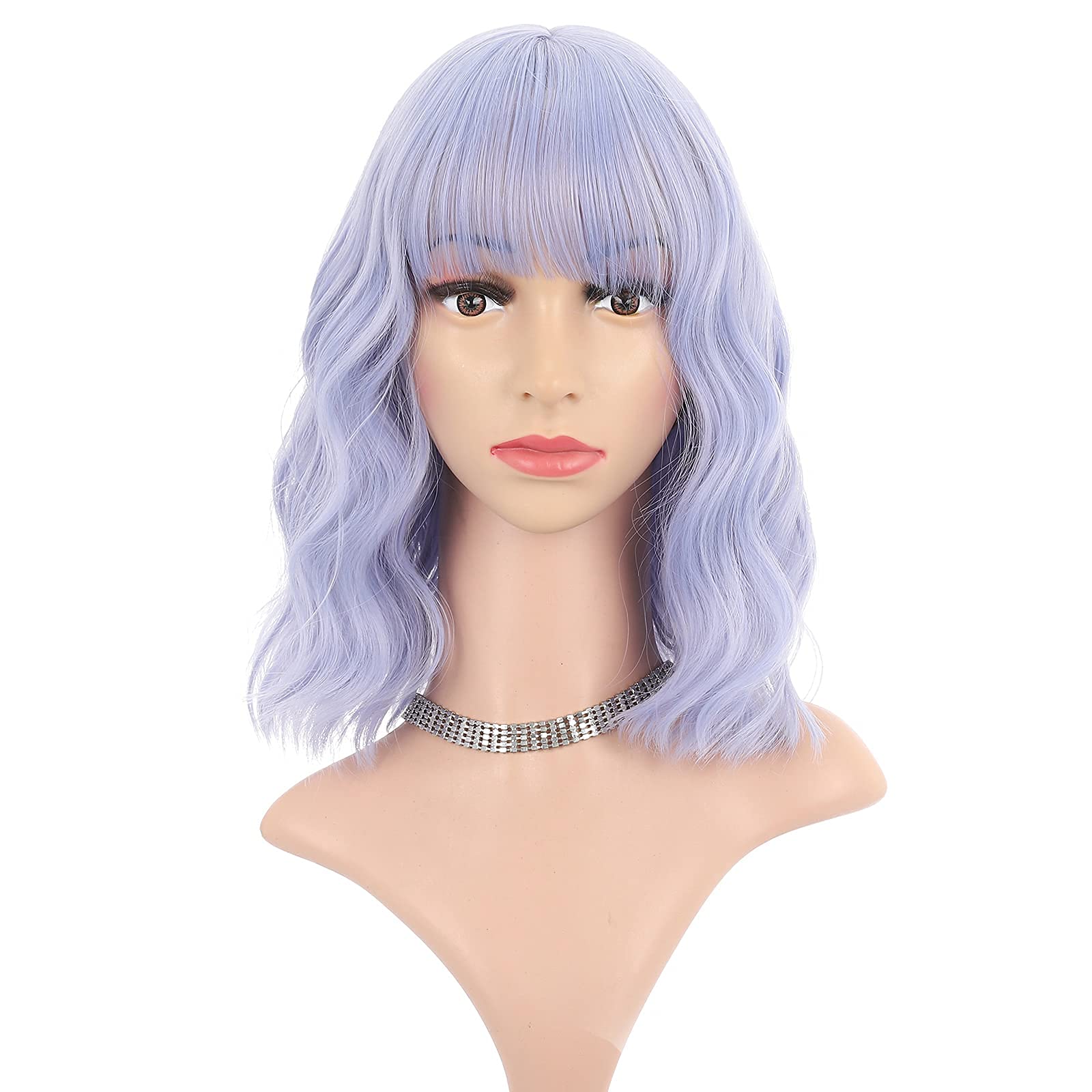 FAELBATY Blonde Wave Short Bob Wigs With Air Bangs Shoulder Length Wig For Women and Girls Curly Wavy Synthetic Cosplay Costume Wig (12" Mix blonde and gold)