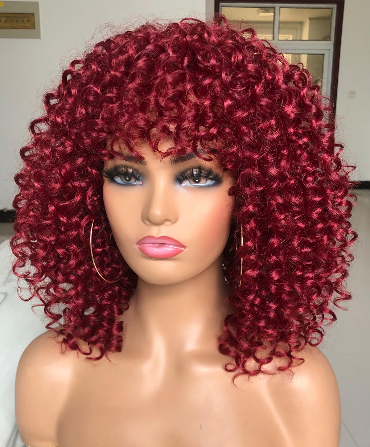Curly Afro Wigs for Black Women Kinky Curly Wig with Bangs Synthetic Fiber Natural Looking Glueless Hair for Daily Wear