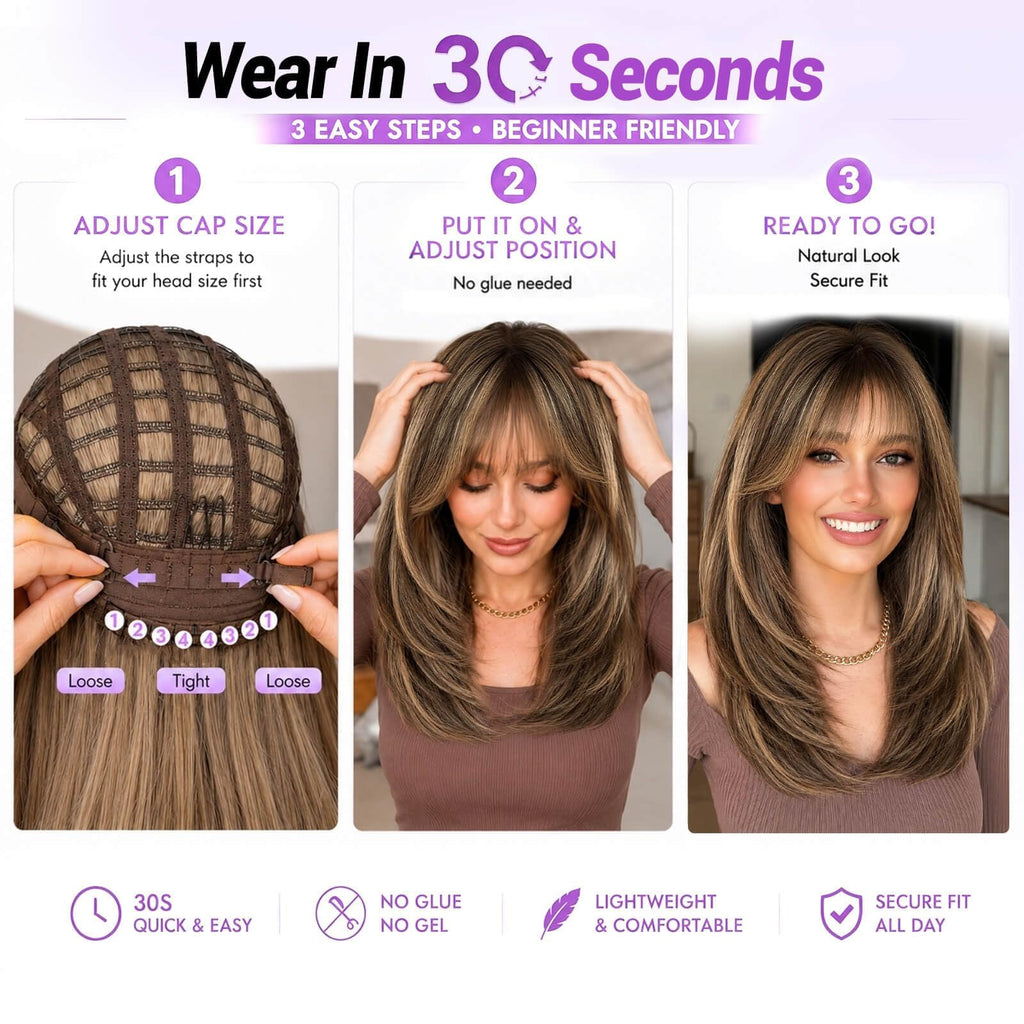 Eawwii Wig with Bangs for Women,Brown Blonde Synthetic 4x4 Scalp Wigs