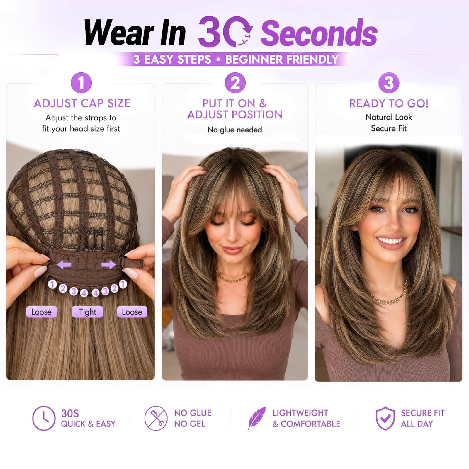 Eawwii Wig with Bangs for Women,Brown Blonde Synthetic 4x4 Scalp Wigs