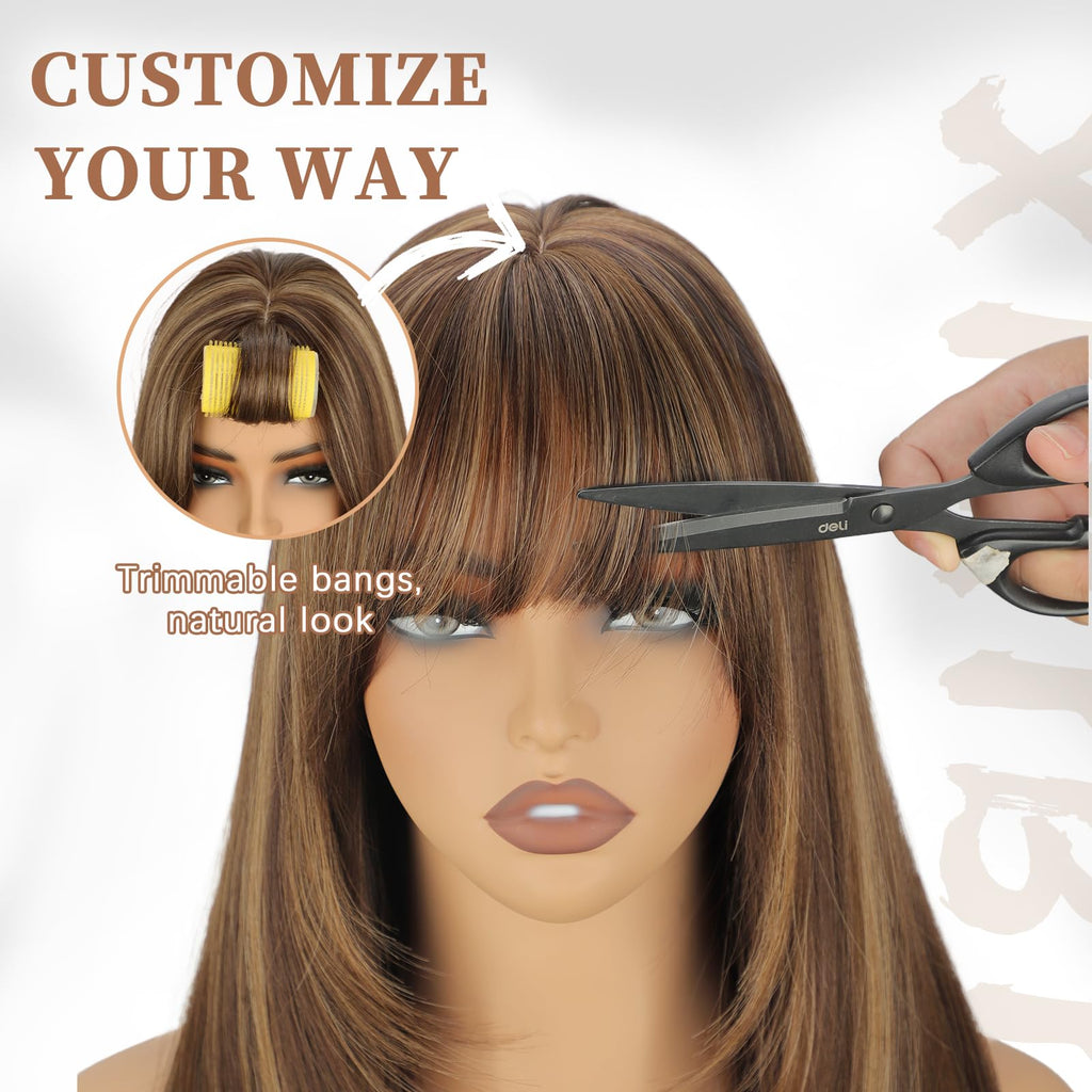 XIXIBI Wig with Bangs for Women,Long Straight,Brown Blonde Highlight
