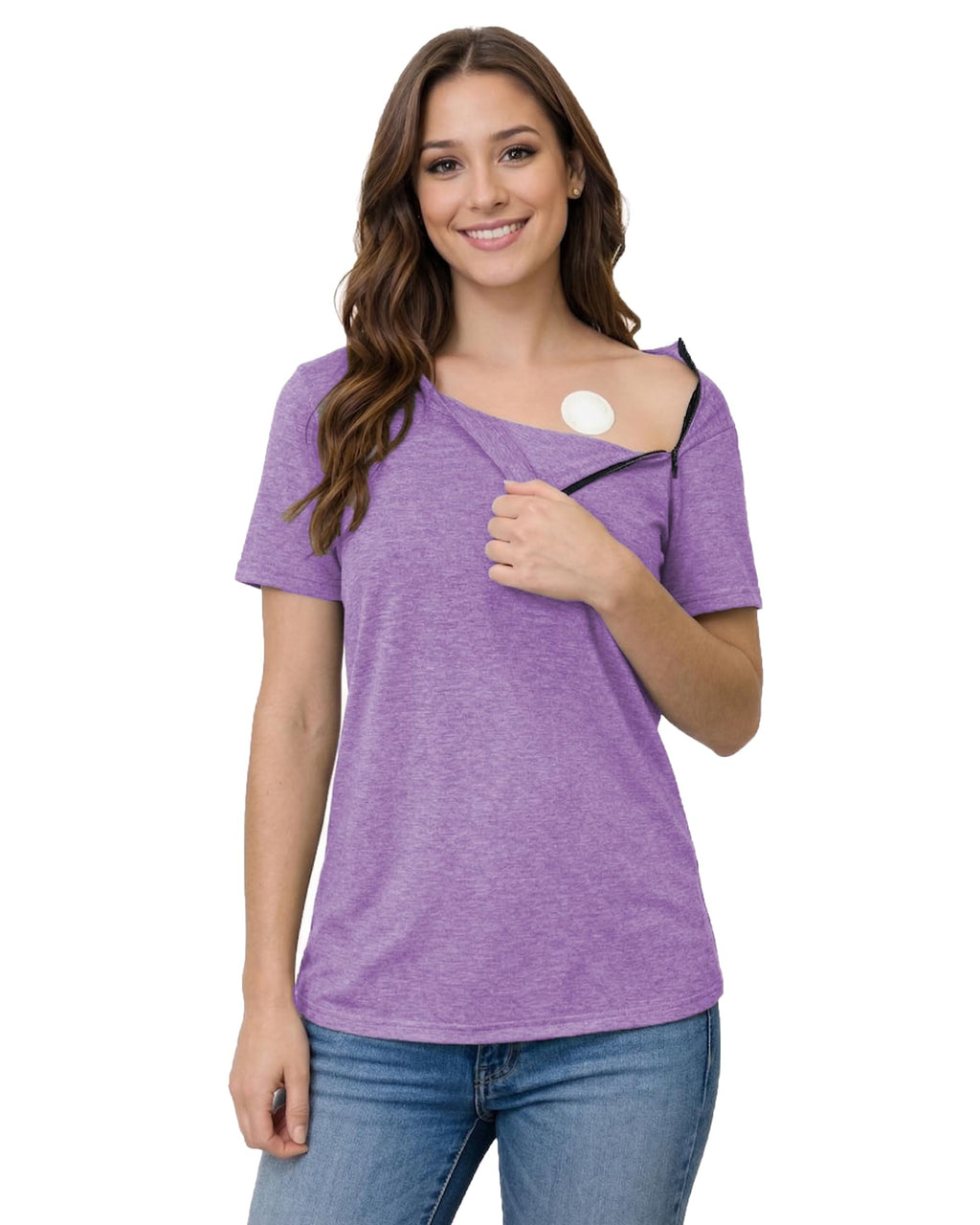 Youdiao Chemo Shirts for Port Access Women Post Shoulder Surgery Shirts with 2 Hidden Side Zippers Short Sleeve Tear Away Top