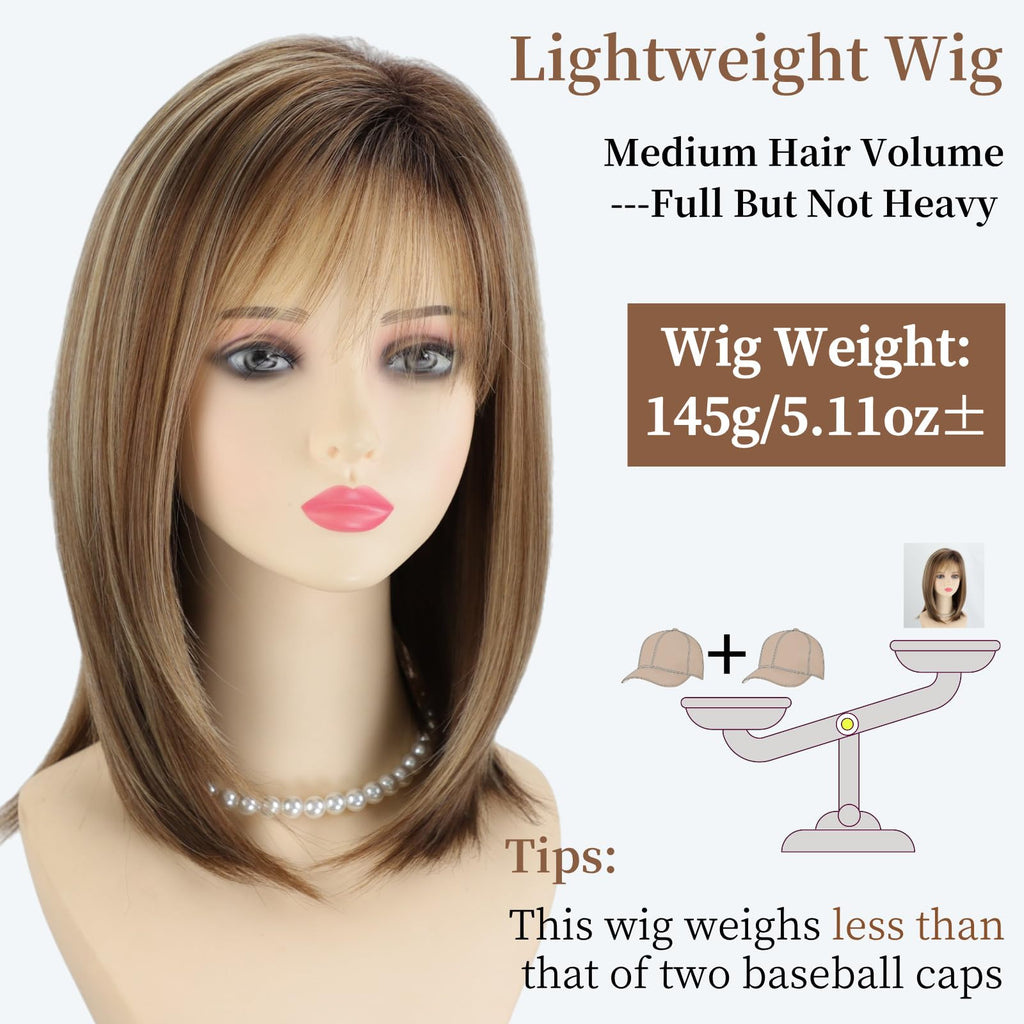 RENERSHOW Ombre Blonde Highlight Layered Bob Wig with Bangs for White Women