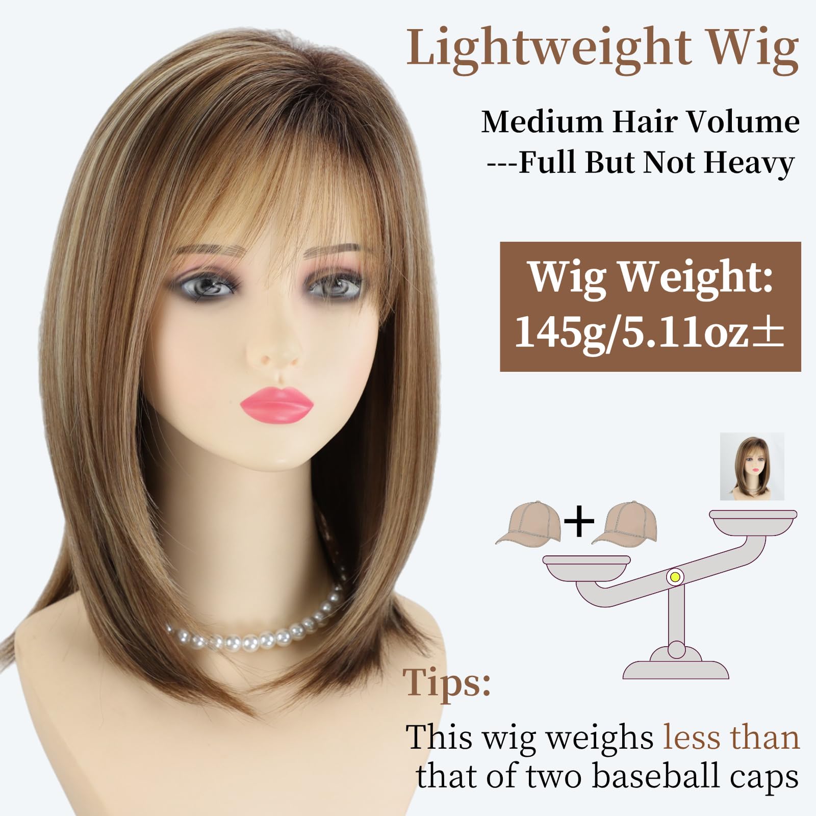 RENERSHOW Ombre Blonde Highlight Layered Bob Wig with Bangs for White Women