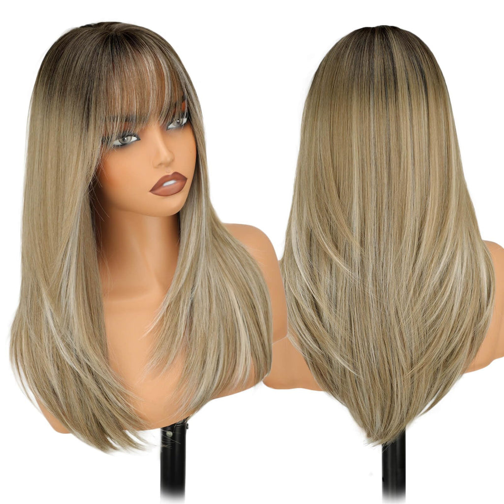 Eawwii Wig with Bangs for Women,Brown Blonde Synthetic 4x4 Scalp Wigs
