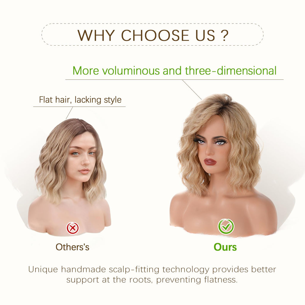 Aida ble Short Ombre Ash Blonde Wavy Wigs for Women 14 Inch Shoulder Length Curly Wavy Bob Wig Synthetic Natural Hair Wig for Daily Party Use (Ash Blonde, 14 inch)