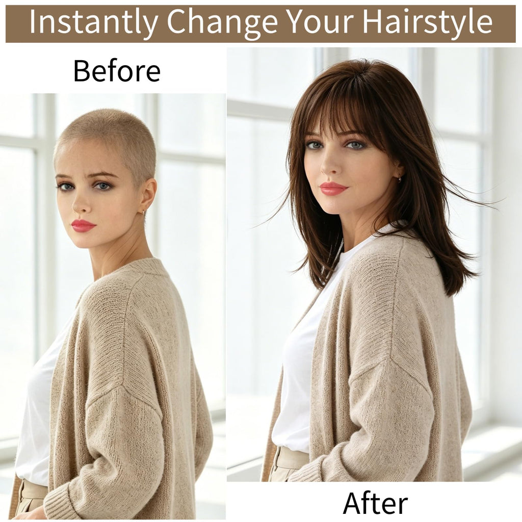 RENERSHOW Ombre Blonde Highlight Layered Bob Wig with Bangs for White Women