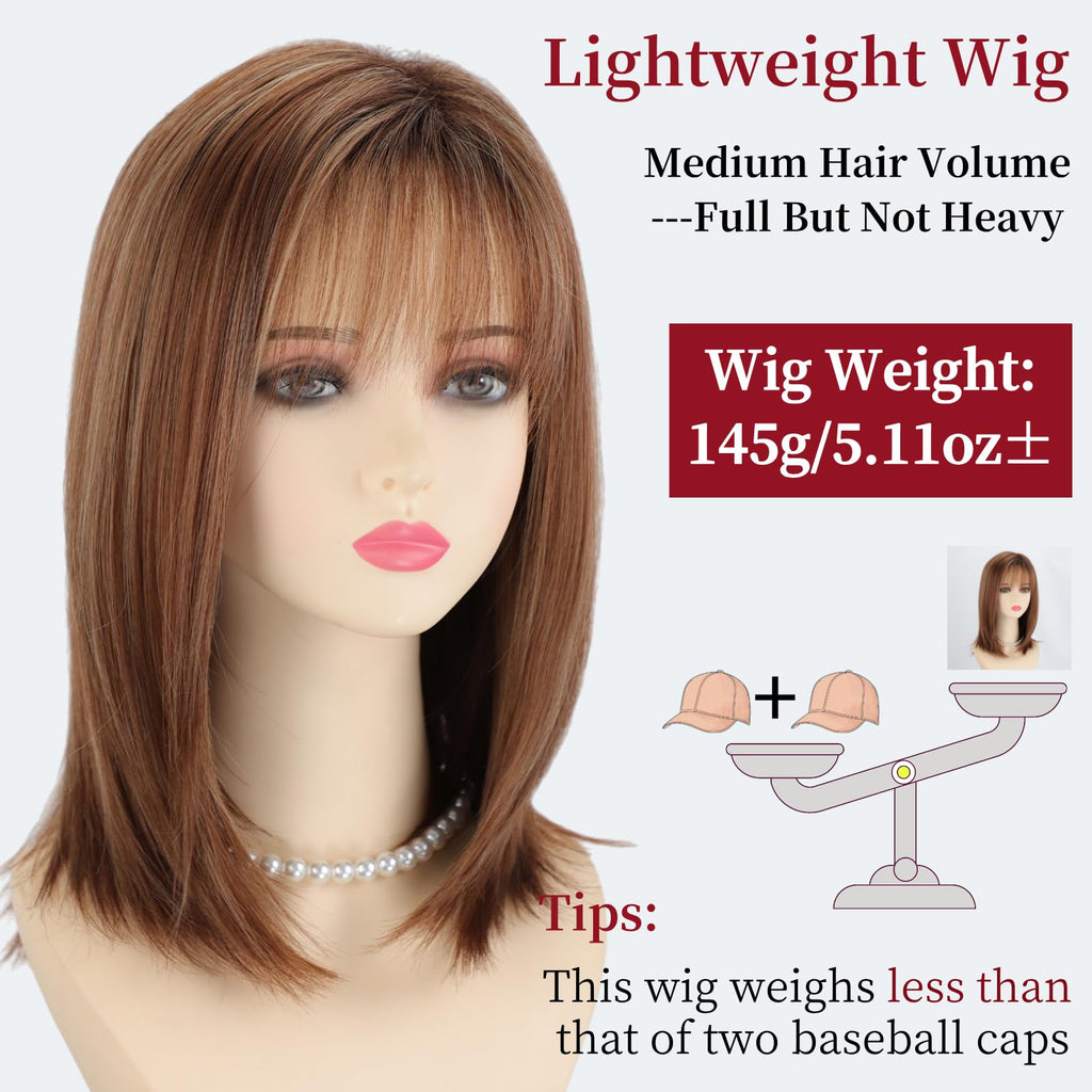 RENERSHOW Ombre Blonde Highlight Layered Bob Wig with Bangs for White Women