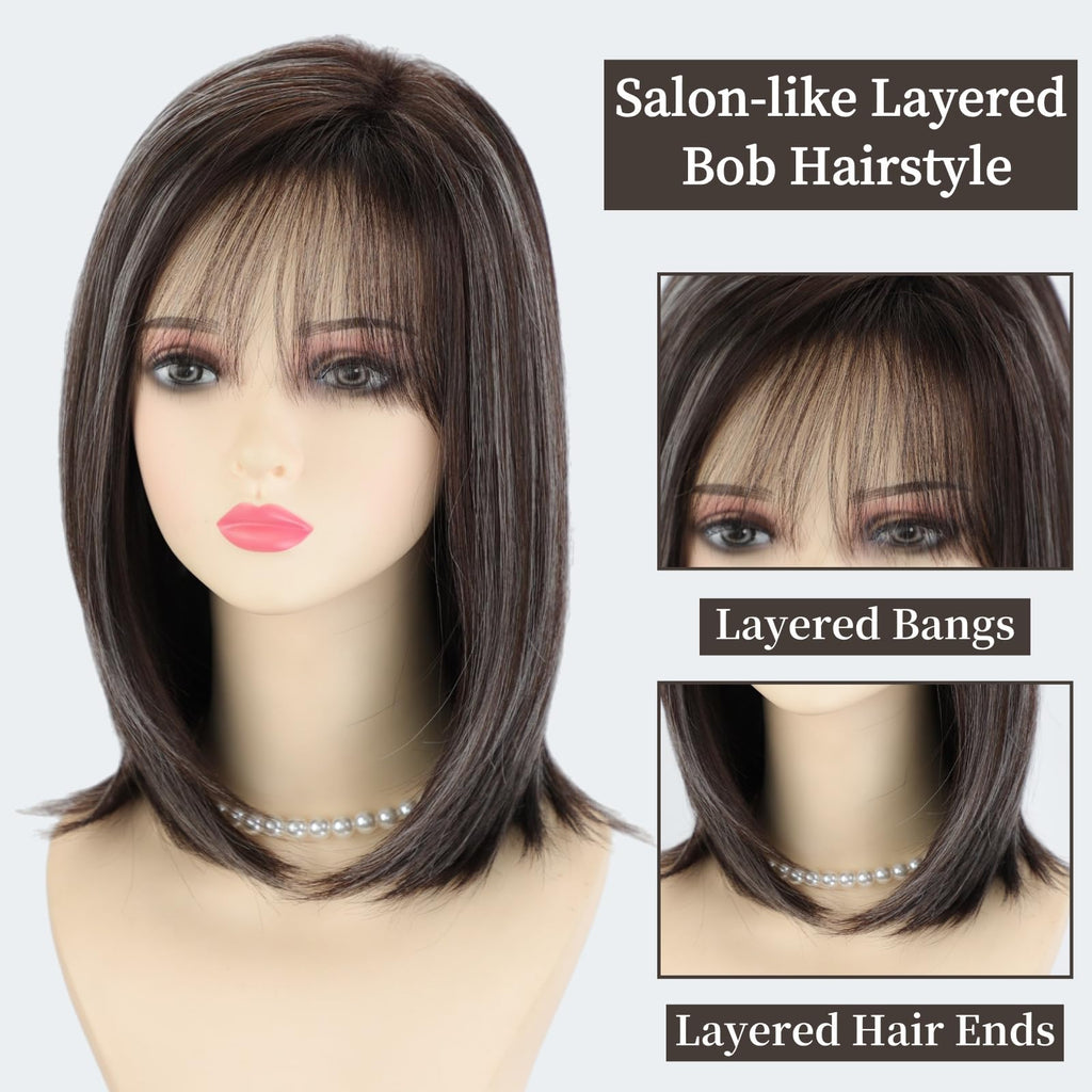 RENERSHOW Ombre Blonde Highlight Layered Bob Wig with Bangs for White Women
