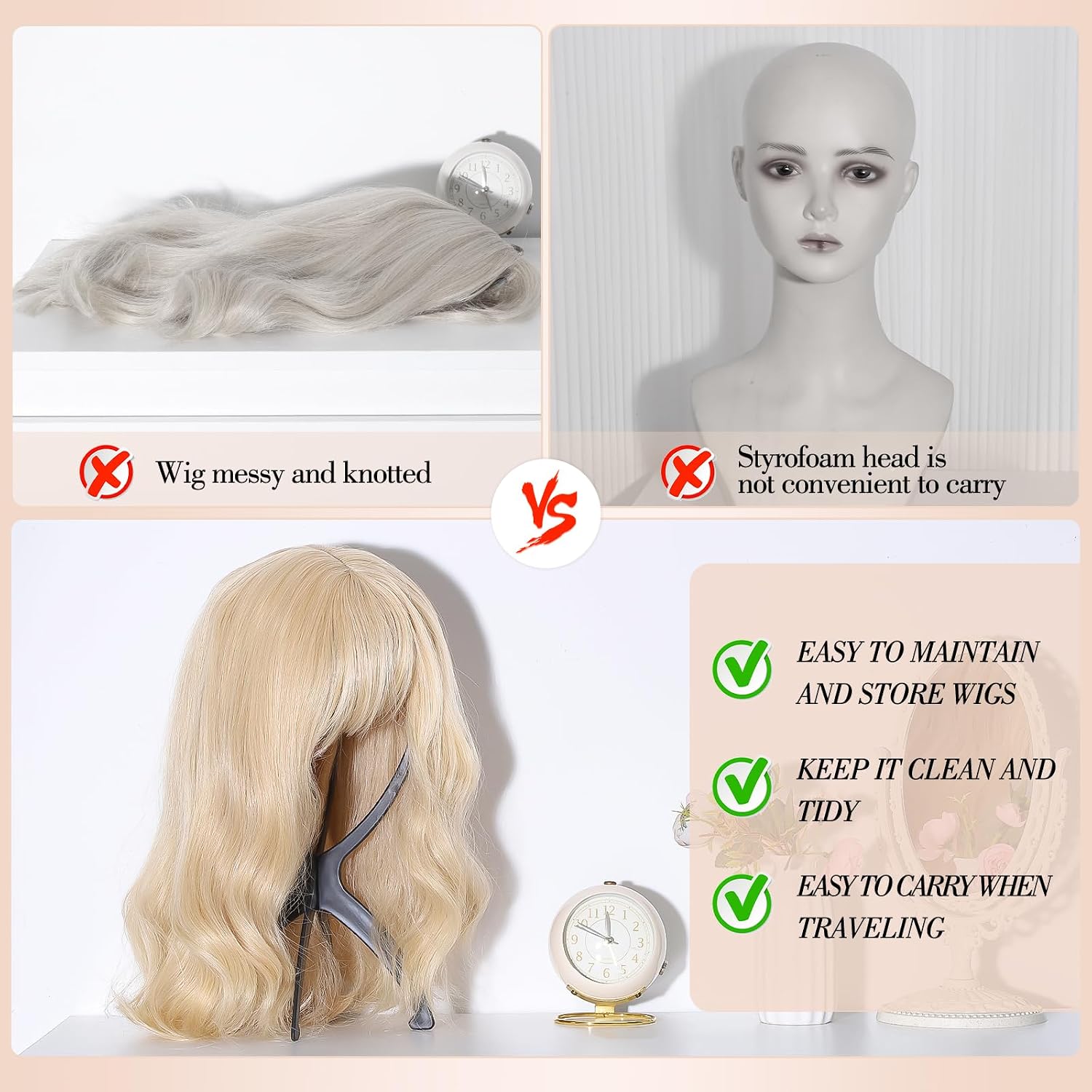 obeoby Wig Stand and Wig Brush Comb Set for Human and Synthetic Hair