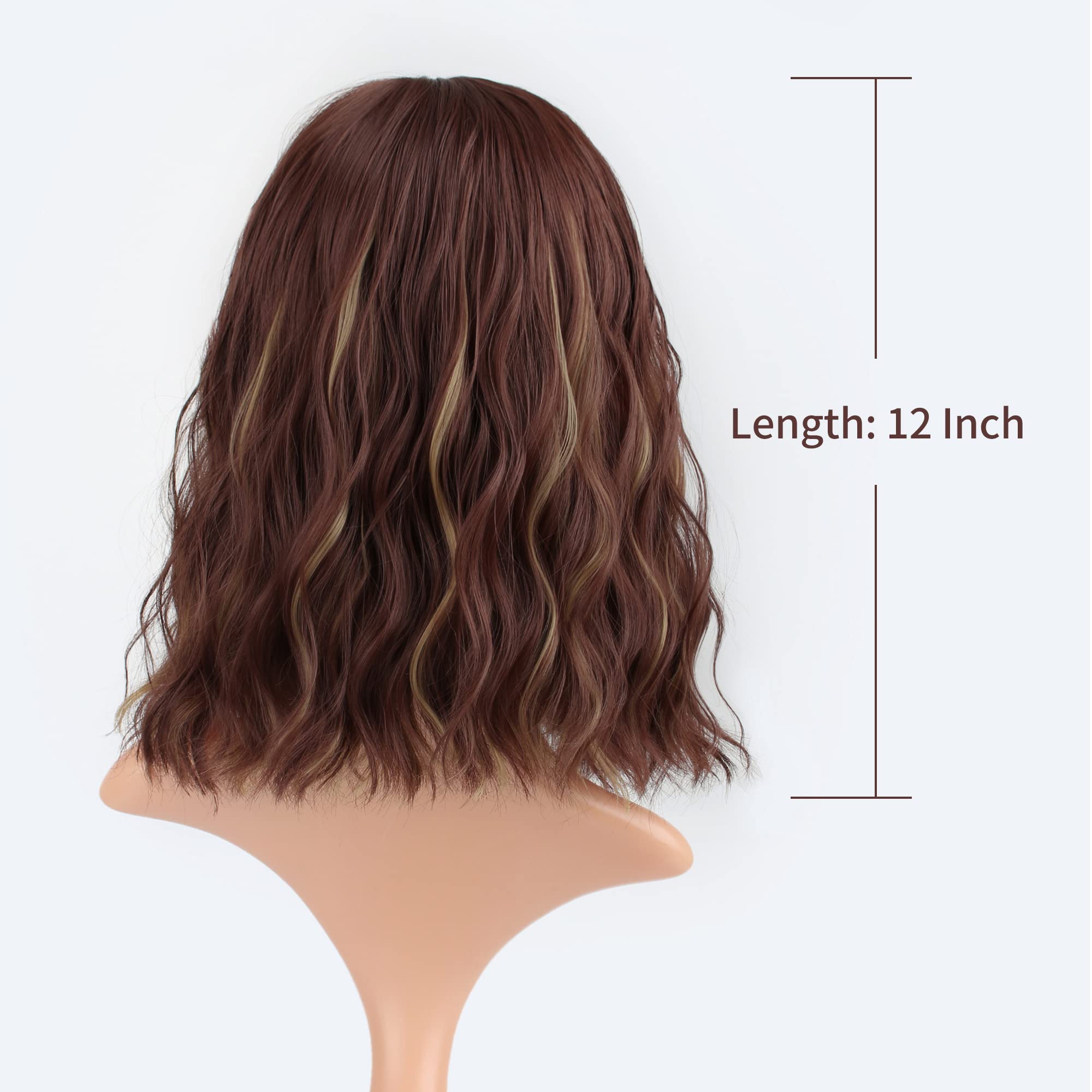FAELBATY Blonde Wave Short Bob Wigs With Air Bangs Shoulder Length Wig For Women and Girls Curly Wavy Synthetic Cosplay Costume Wig (12" Mix blonde and gold)
