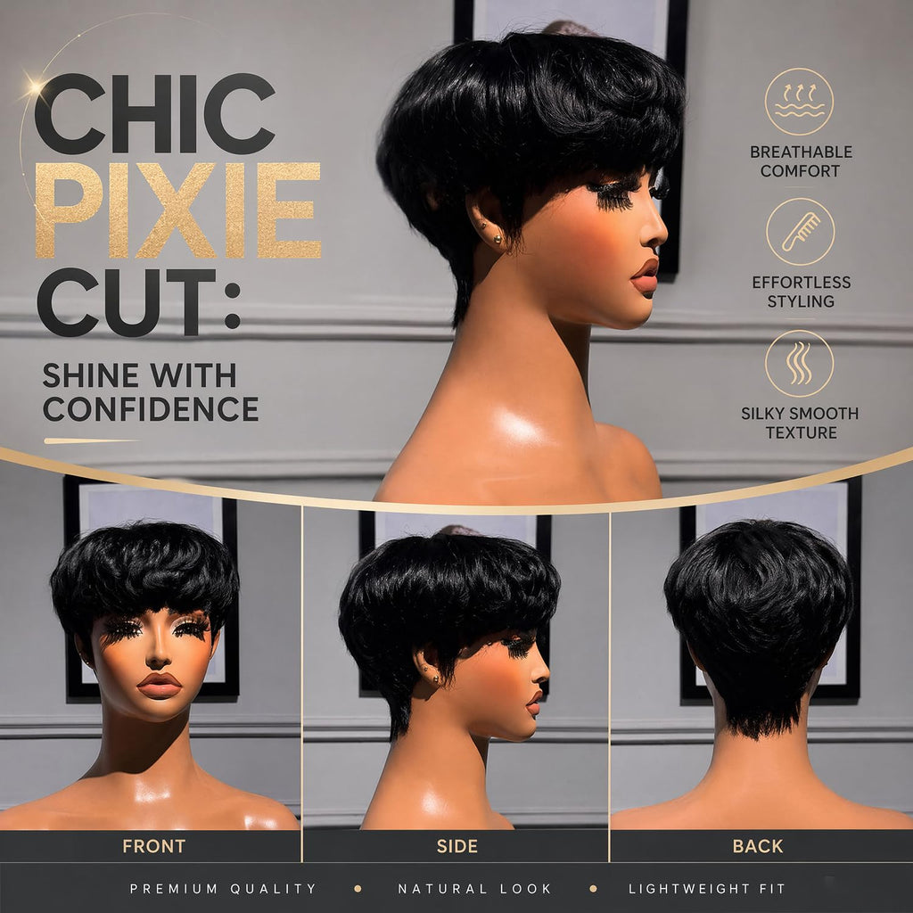 VRZ Pixie Cut Wigs for Black Women Brazilian Curly Pixie Cut Wig Human Hair Glueless Short Layered Wigs With Bangs Natural Black Color No Glue Human Hair Wig for Daily Use